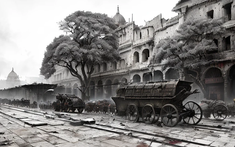 epic, hyperdetailed 3d matte painting, cinemascope panoramic, awe inspiring, colossal, landscape, ((close quarters fight, warriors)), battle, (( He drives his (chariot), there arose (((a night Dark with huge slaughter and with crime))), and groans As of a voice immense, and sound of alms As fell the wearer, and of (sword) on sword Crashed into fragments With a ready (hand) Caesar supplies the (weapon) and bids (strike) Full at the visage and with (lance) reversed Urges the flagging ranks and (stirs the fight), where flows (the nation's (blood)), where beats the (heart), Knowing he bids them spare the common herd, But seek the senators, thus Rome (he strikes), Thus the last hold of Freedom )), natural skin texture, muted colors, sharp focus, ((((cinematic look)))), insane details, intricate details, (clutter:1.3), (decay:1.3), (grit:1.3), (darkness), (grunge:1.3), (oozing pools of filth:1.3), art by greg rutkowski and by caravaggio and by moebius and by alphonse mucha and by David Teniers the Elder