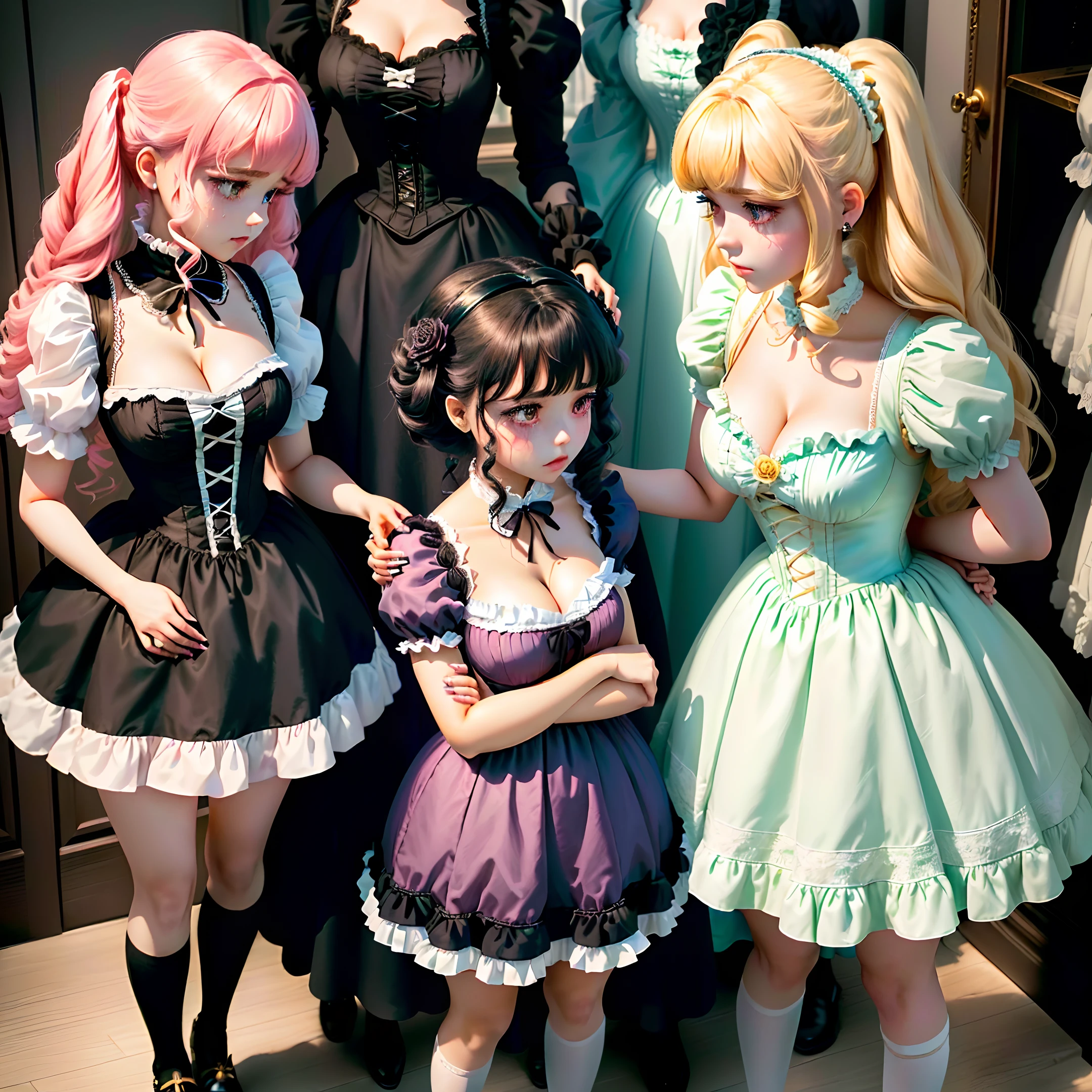 several dolls of different colors, several dolls in one photo, perfect android girl family, ball jointed doll, plastic doll, artdoll, victorian gothic lolita fashion, dollpunk, fairycore, fantastic realism, perfect android girl family, women in dresses standing next to each other in a room, ddlc, dollfie dream, luts, skydoll noa, trending on cg society, rococo, ddlc, (((short dresses))), (((cleavage))), crying, upset, sad, running mascara, comforting each other