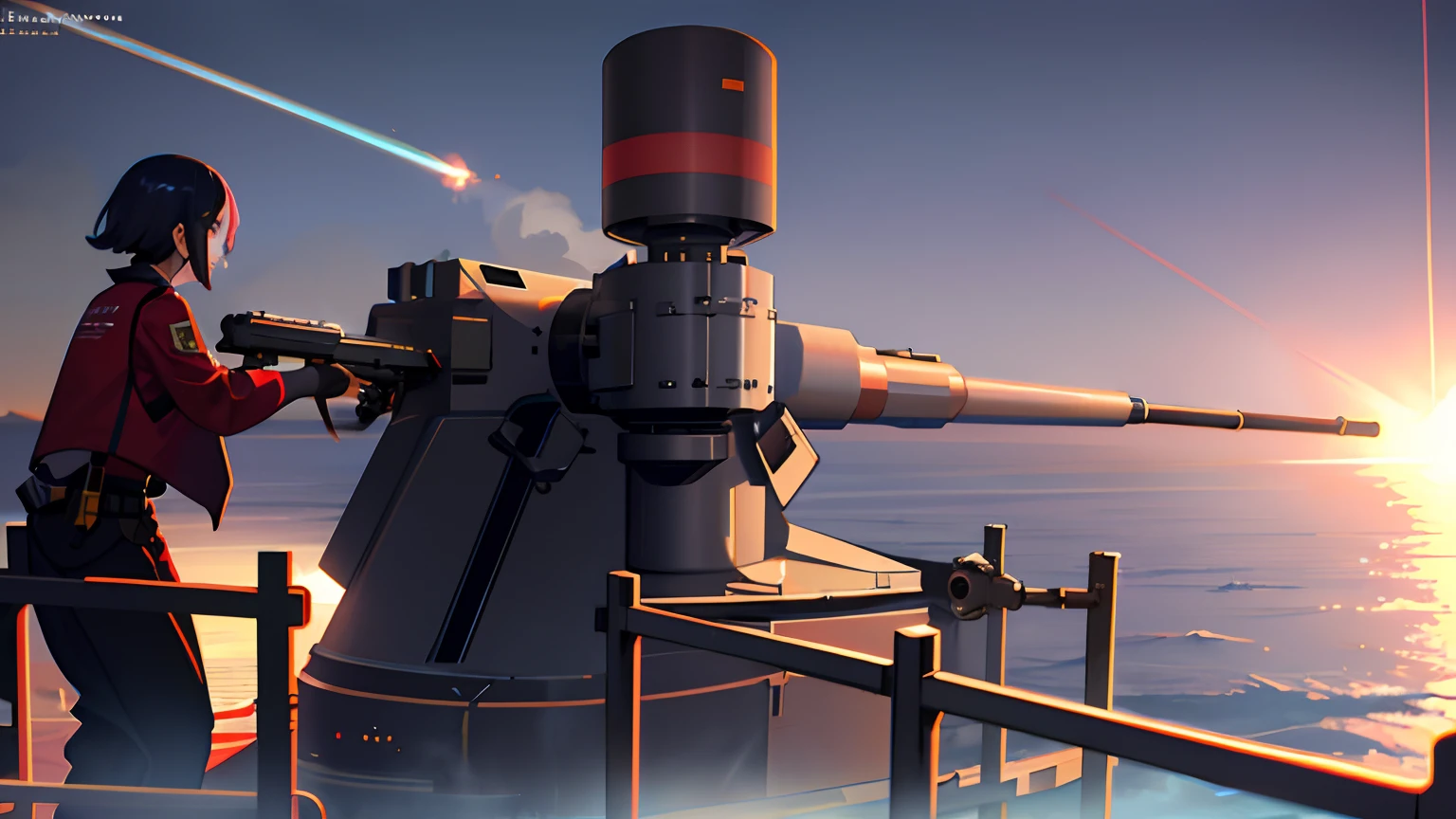 Autocannon, cannon firing on ship, (smoke), (glowing tracers), (shiny metal), ocean background, Tatsuya Endo, Greg Rutkowski, Pixiv, Artstation.