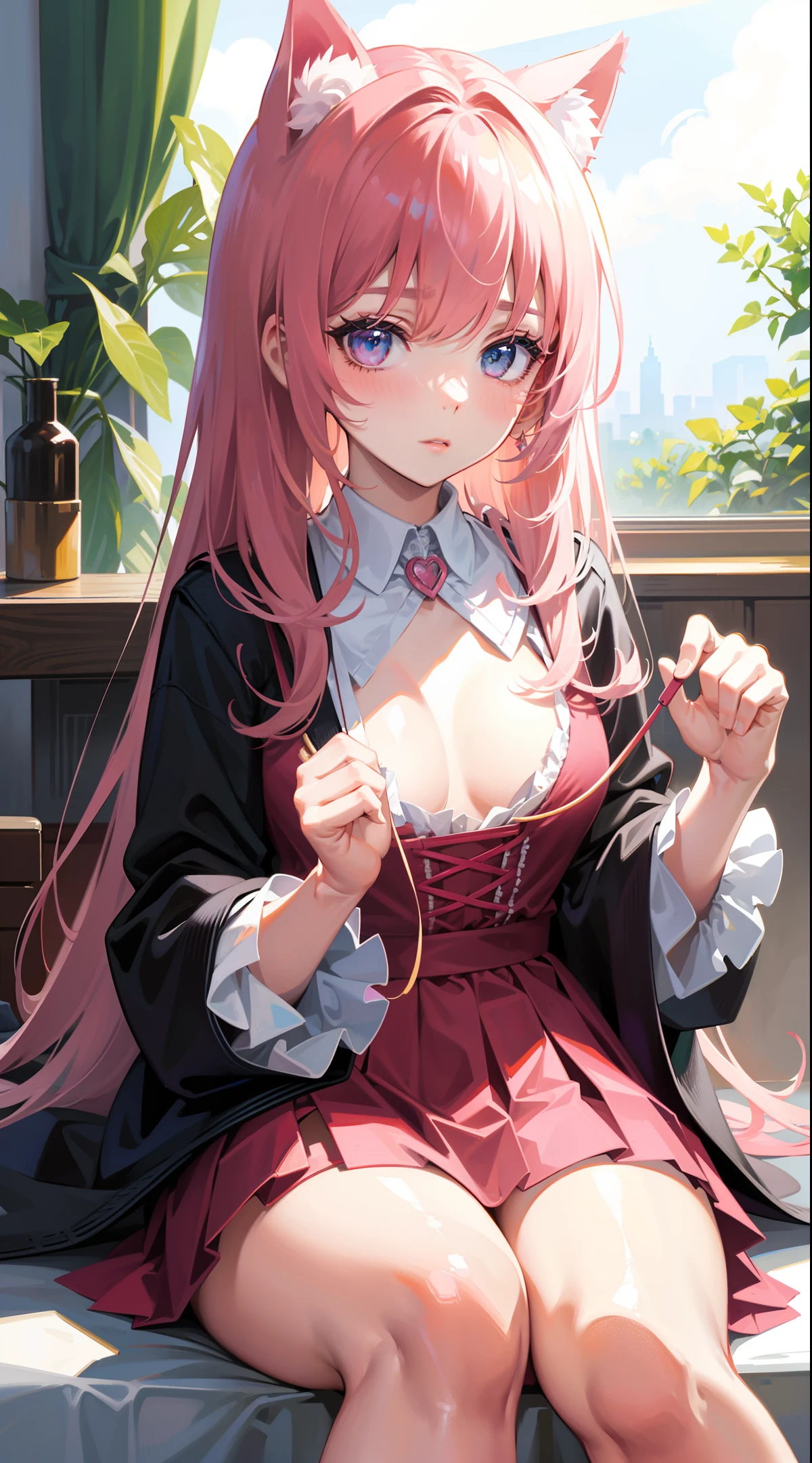 masterpiece, top quality, ultra-fine, illustration, (1 person), beautiful eyes, staring at the viewer, close-up, (chest focus), pink hair, shy, cat ears, rubbing one's own chest