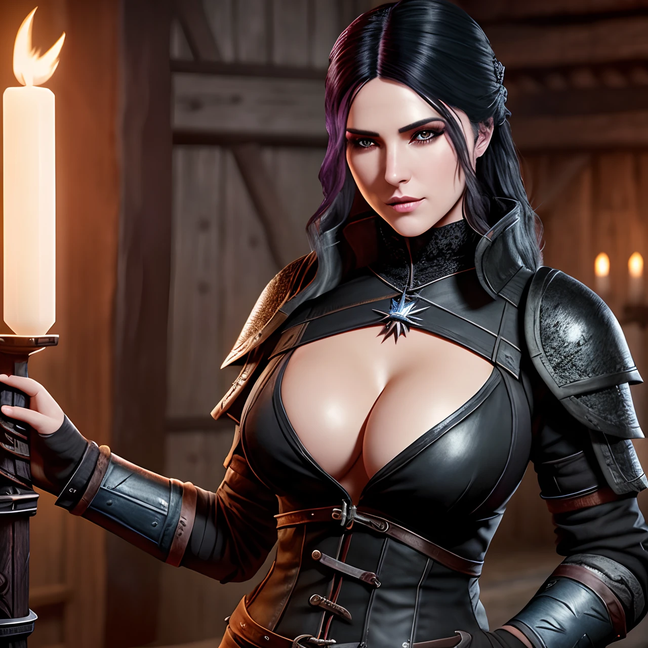 photo of a yennifer of vengerburg, witcher 3, clear skin, dark hair, purple eyes, attractive lips, stunningly beautiful woman, 
sexy costume, big boobs, sexy abs, big ass, 
full body portrait, sexy body, 
realistic picture, 4k, HDR, high detail, high texture. 