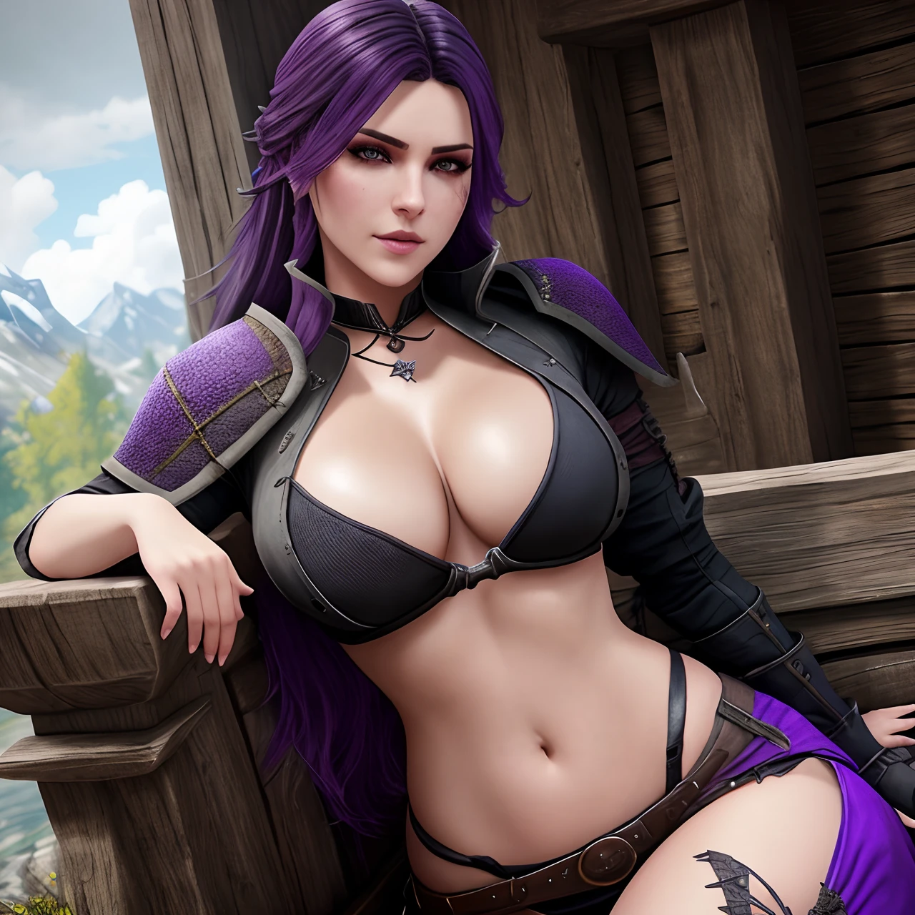 photo of a yennifer of vengerburg, witcher 3, clear skin, dark hair with purple streaks, purple eyes, attractive lips, stunningly beautiful woman,
sexy costume, big boobs, sexy abs, big ass,
full body portrait, sexy body,
realistic picture, 4k, HDR, high detail, high texture.