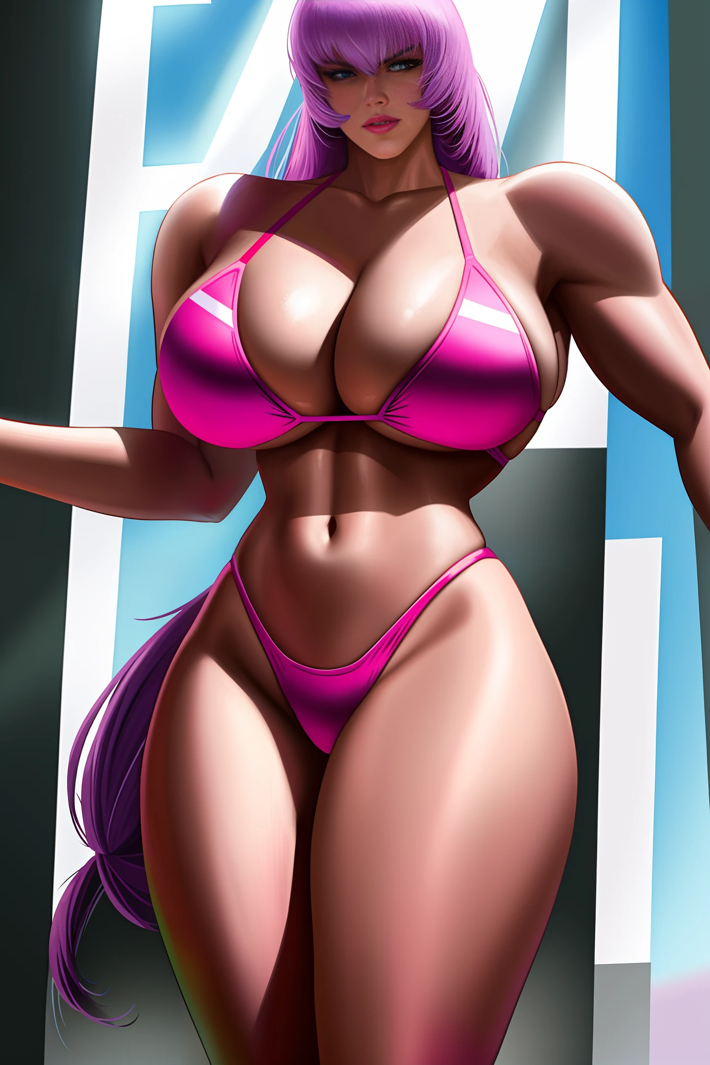 Megatron from Transformers, wearing a pink spotted bikini, massive breasts, 80s cartoon