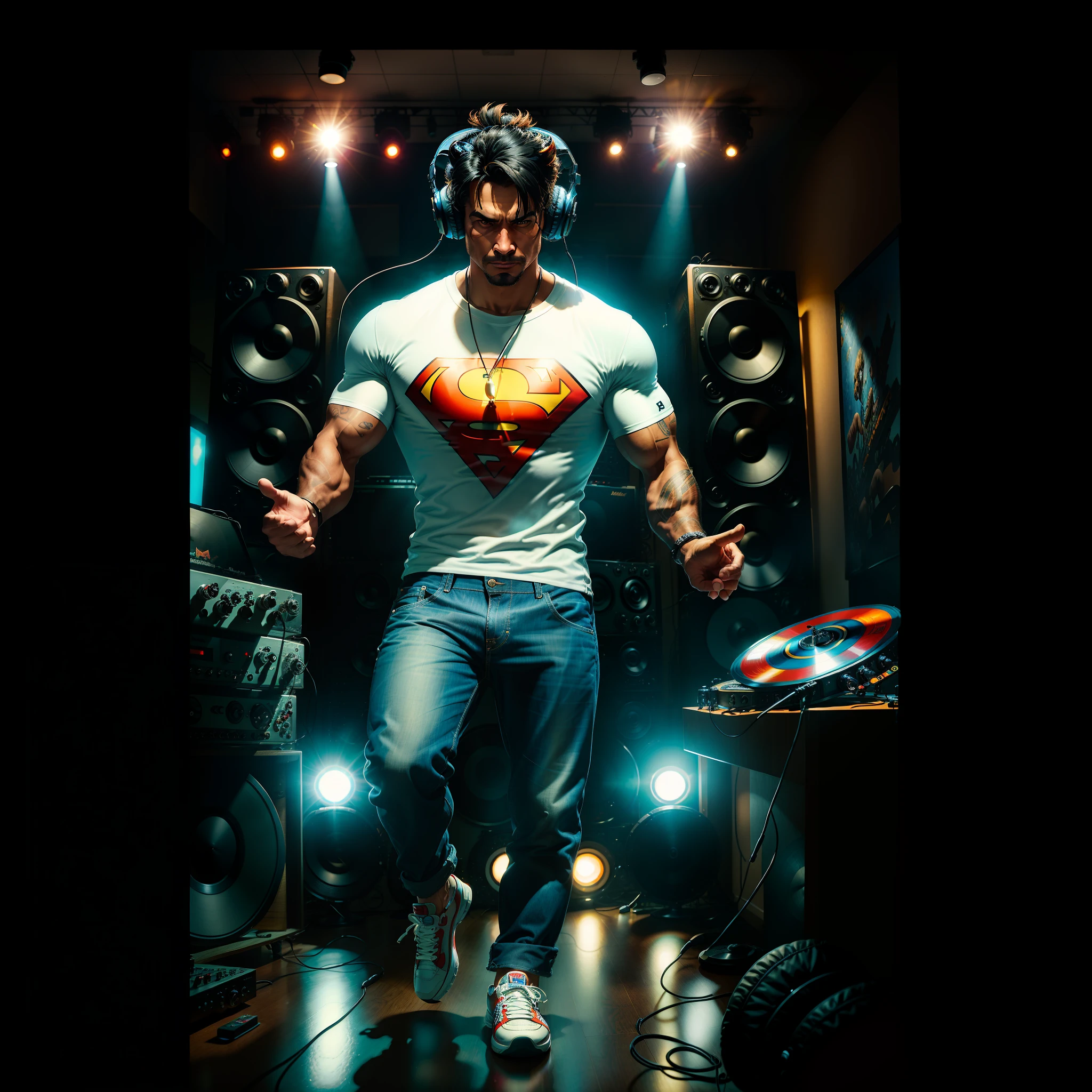 ((best quality)), ((super detail)), ((masterpiece)), photo, scene: equipped radio music studio, theme: character: buffalo, appearance: DJ with headphones, action: dancing, facial expression: expressive, holds vinyl records, bright T-shirt, blue jeans, white sneakers, perspective: 4K.