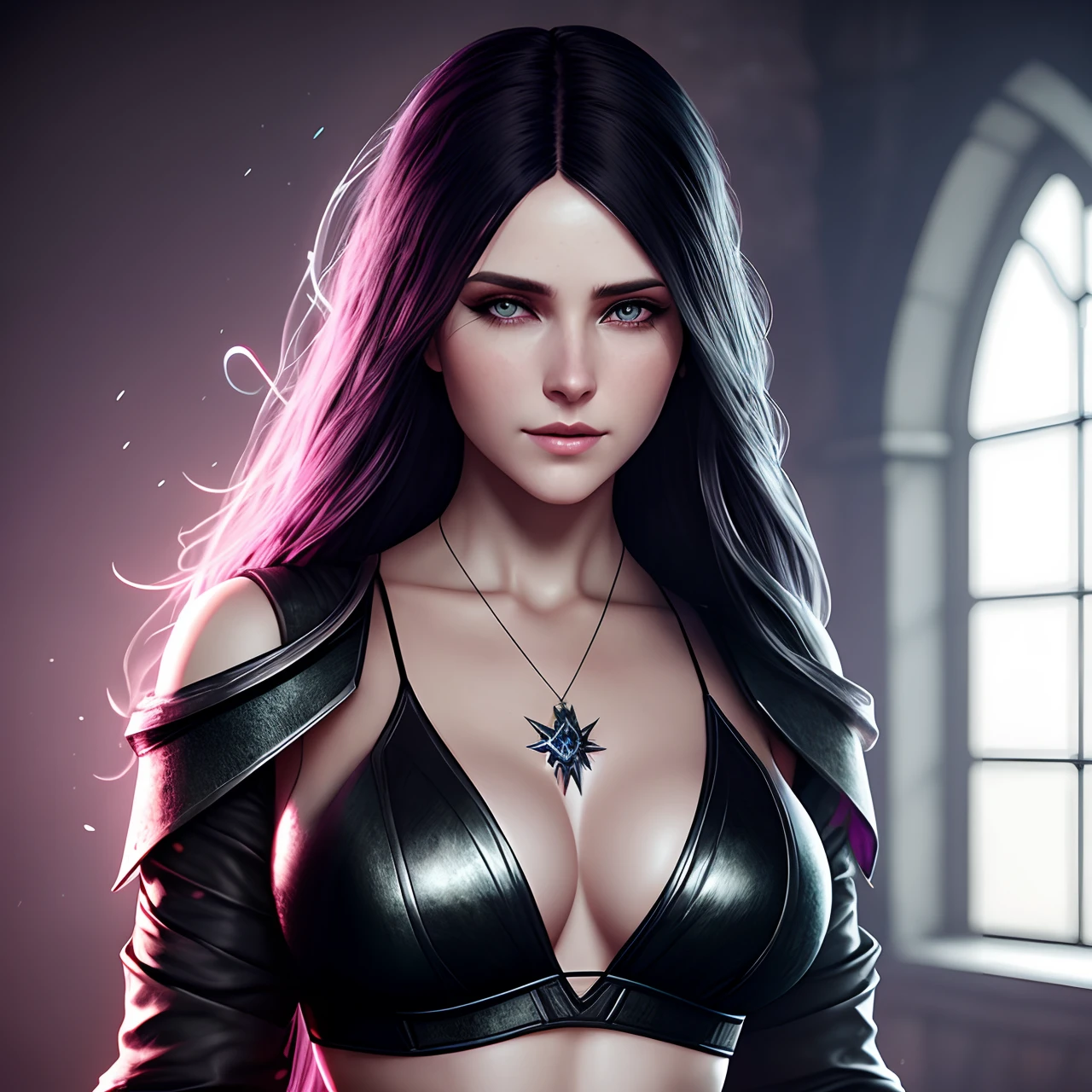 photo of a yennifer of vengerburg, witcher 3, clear skin, long dark hair, purple eyes, attractive lips,
stunningly beautiful woman, sexy sorceress robes, posing like a professional model, feminine form, 
big breasts, cleavage, sexy midriff, stunningly gorgeous, flirty and playful, 
film photography, extreme detail, 4k, ultra hd, Anna Dittmann, hyperrealism, trending on artstation, polished, photorealistic, backlight, hair light, 8k ultra hd.
