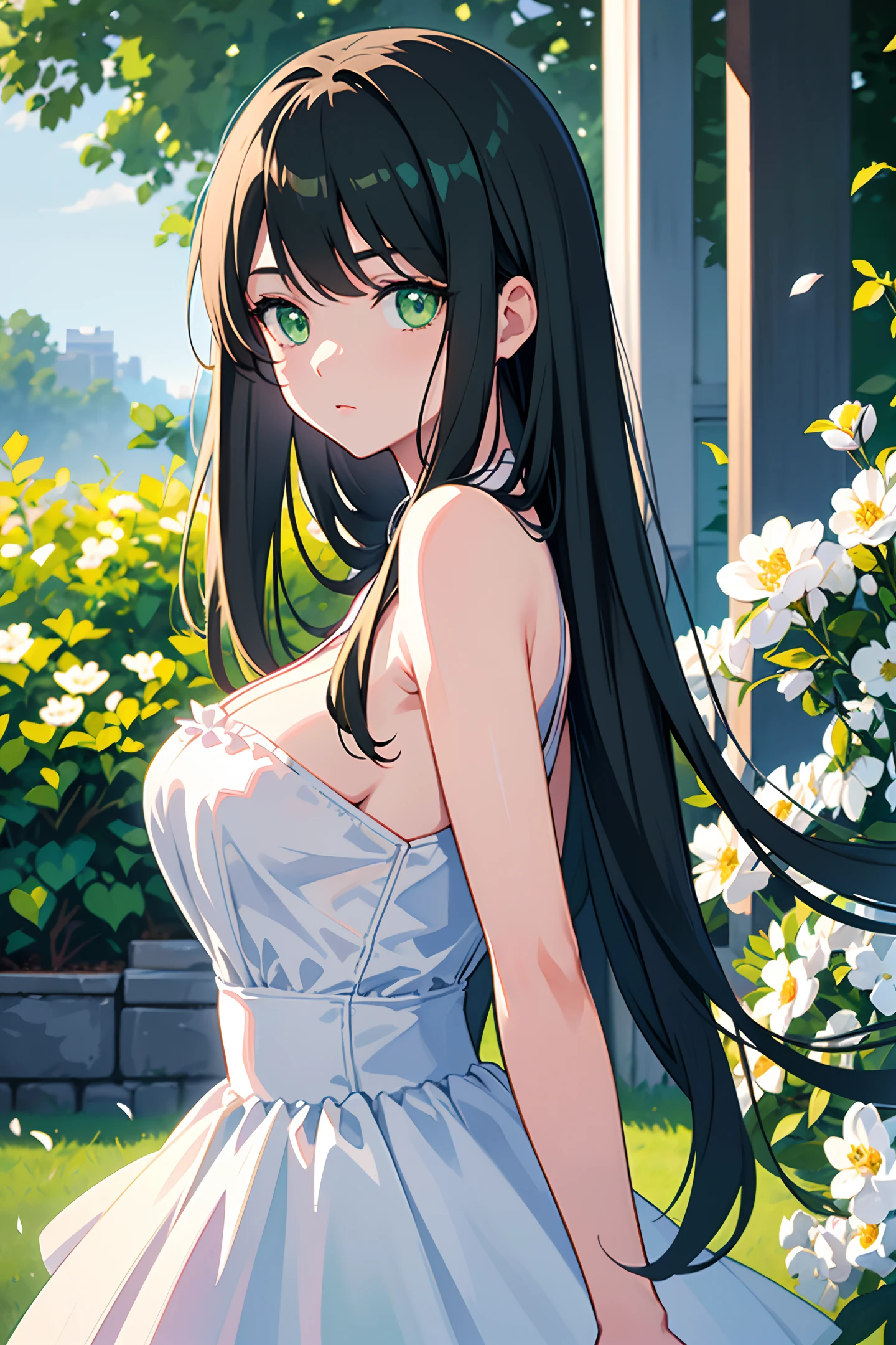 (masterpiece:1.2, best quality), (finely detailed beautiful eyes: 1.2), ((1girl)), ((solo)), (light green eyes:1.4), (finely detailed eyes and detailed face:1.3), long black hair with bangs, (beautiful and clear background:1.2), (extremely detailed CG, ultra-detailed, best shadow:1.1), ((depth of field)), ((watercolor)),  large breasts, bare shoulders, beautiful concept illustration, (white background:0.5), (illustration:1.1), (extremely fine and beautiful:1.1), (perfect details:1.1), from side, cowboy shot,