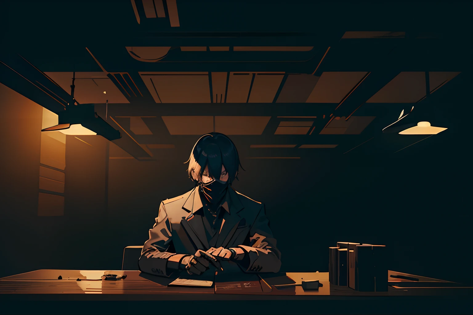 Man sitting behind desk, (high contrast lighting), (foggy atmosphere), (obscured face), (ceiling light), (wartorn), (wooden desk), underground bunker background, Tatsuya Endo, Greg Rutkowski, Pixiv, Artstation.