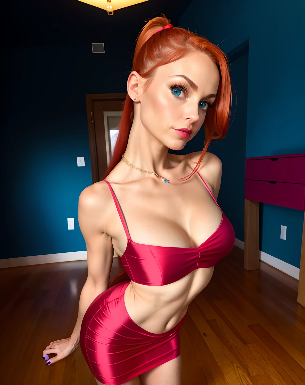 low angle photo of a gorgeous, 35 year old woman, blue eyes, milf, healthy skinny,short, clean skin texture, small, big lips, little noose, sexy, sexy lether dress (dressed as a domina), (red long hair in ponytail), insanely detailed eyes, little boops, tiny boops, small tits,skinny, 2/3 body crop, 8 mm art lens, f 1. 1, sharp focus, 8 k high definition, insanely detailed, photorealistic, big shoulder, little neck, long lash, full lips, big lower lip, pink lips, firm breast, firm pushup, push up, firm chest, posing in the sunset.