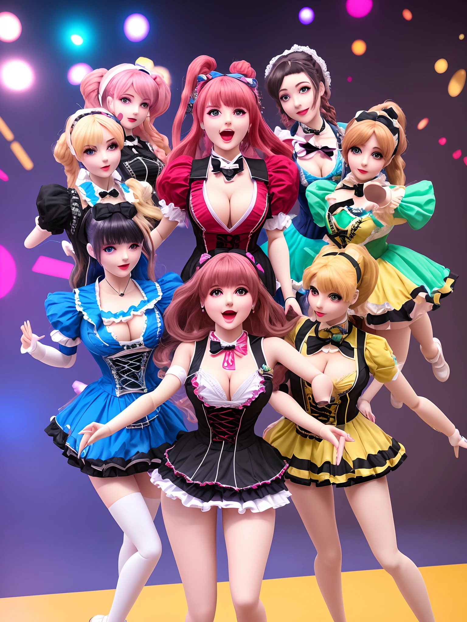 several dolls of different colors performing gymnastics, several dolls in one photo, perfect android girl family, ball jointed doll, plastic doll, artdoll, victorian gothic lolita fashion, dollpunk, fairycore, fantastic realism, perfect android girl family, ddlc, dollfie dream, luts, skydoll noa, trending on cg society, rococo, ddlc, (((short dresses))), (((cleavage))), playing, laughing, running, jumping, cartwheel