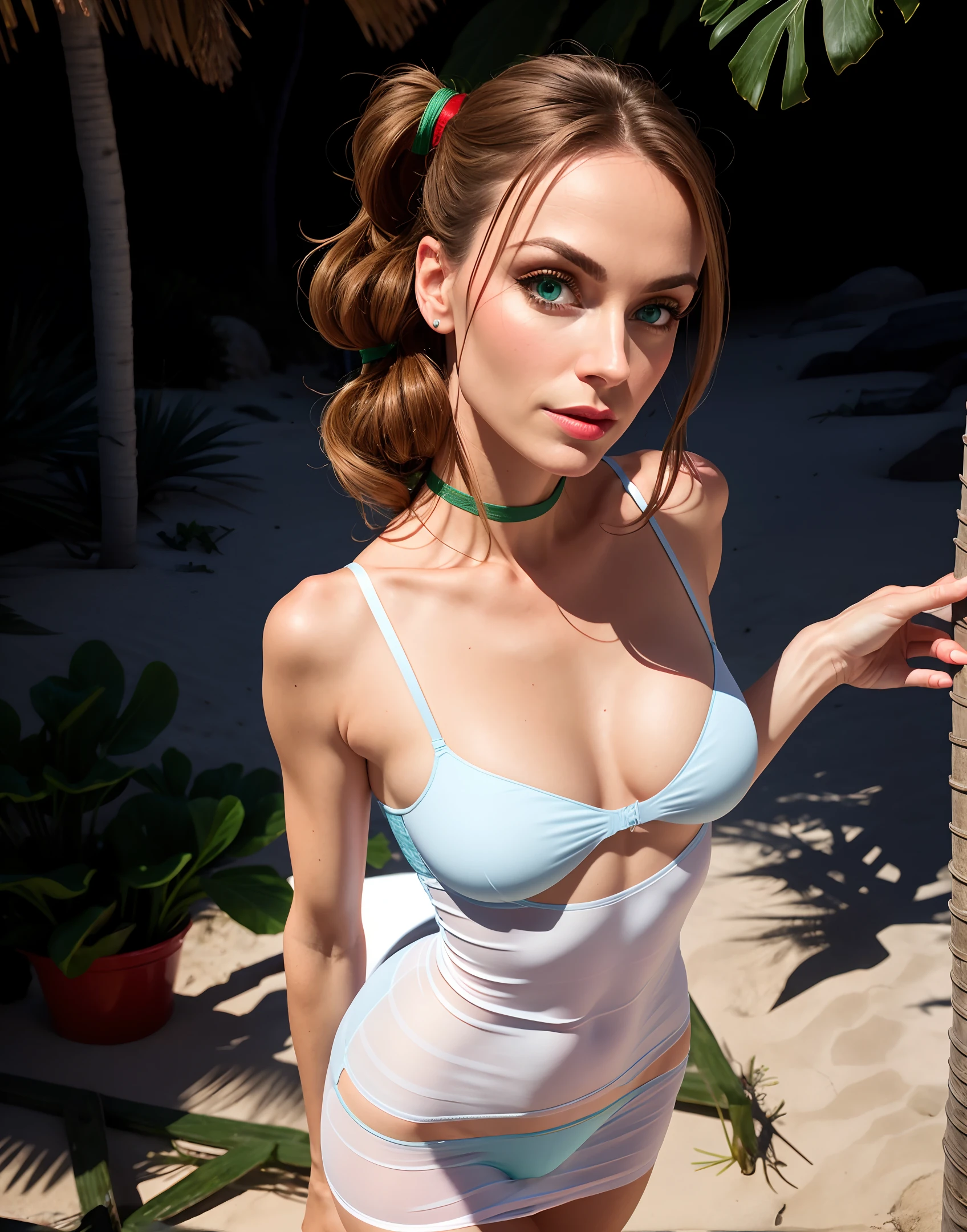 low angle photo of a gorgeous, 38 year old woman, blue eyes, milf, healthy skinny,short, clean skin texture, small, big lips, little noose, sexy, underwear (green underwear), (red long hair), insanely detailed eyes, little boops, tiny boops, small tits,skinny, 2/3 body crop, 8 mm art lens, f 1. 1, sharp focus, 8 k high definition, insanely detailed, photorealistic, big shoulder, little neck, long lash, full lips, big lower lip, pink lips, firm breast, firm pushup, push up, firm chest, posing in the sunset on the beach.
