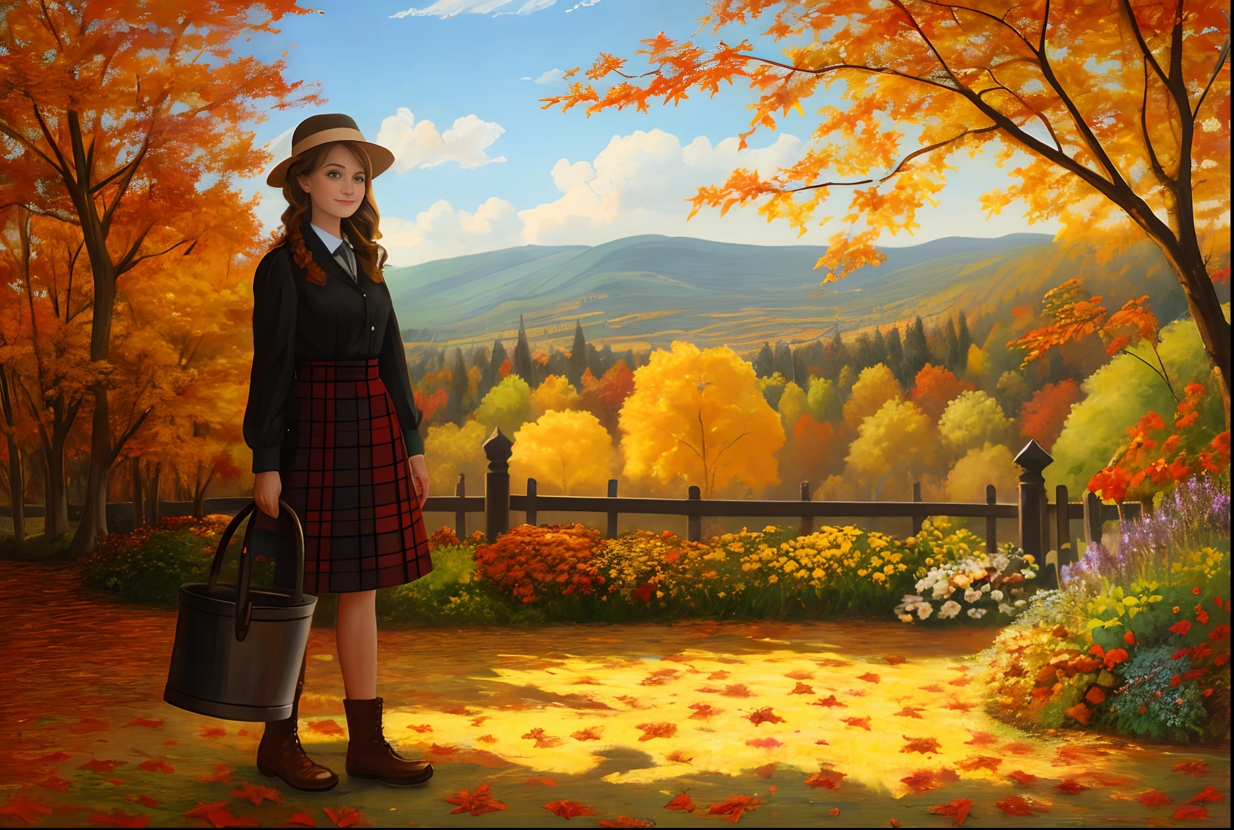 hyperrealistic oil painting by erin hansen of a cute gardener demon,  nice fall colours.