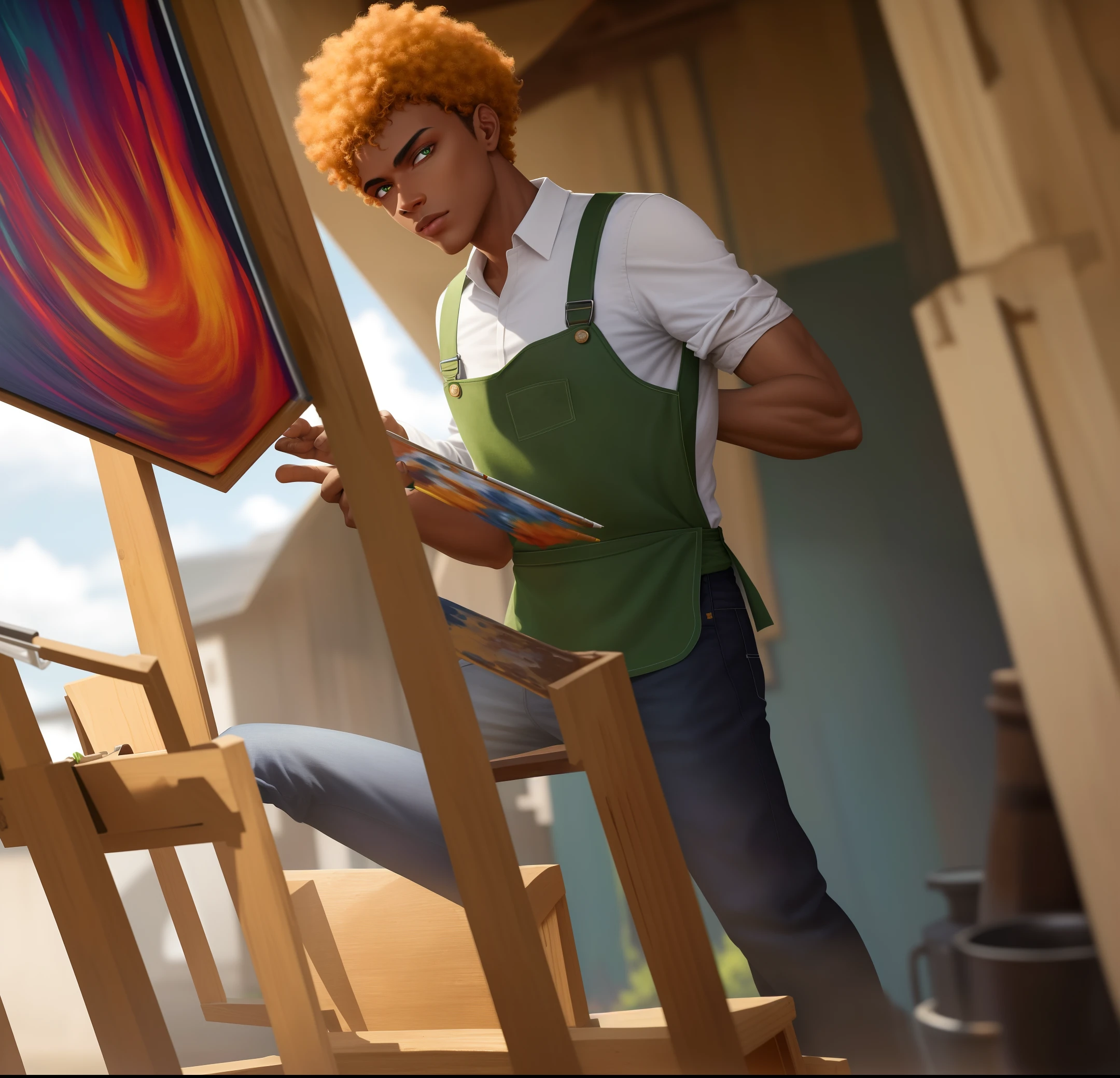 (dramatic illumination, dynamic angle, intense color contrast), [(1 black teen boy with black skin and blond afro hair and green eyes: 1.2), (wearing brown jeans a dark grey shirt and tan apron 1.1), (clothing covered in paint splotches: 1.2), (outside with easel: 1.2), (painting a picture: 1.2)]