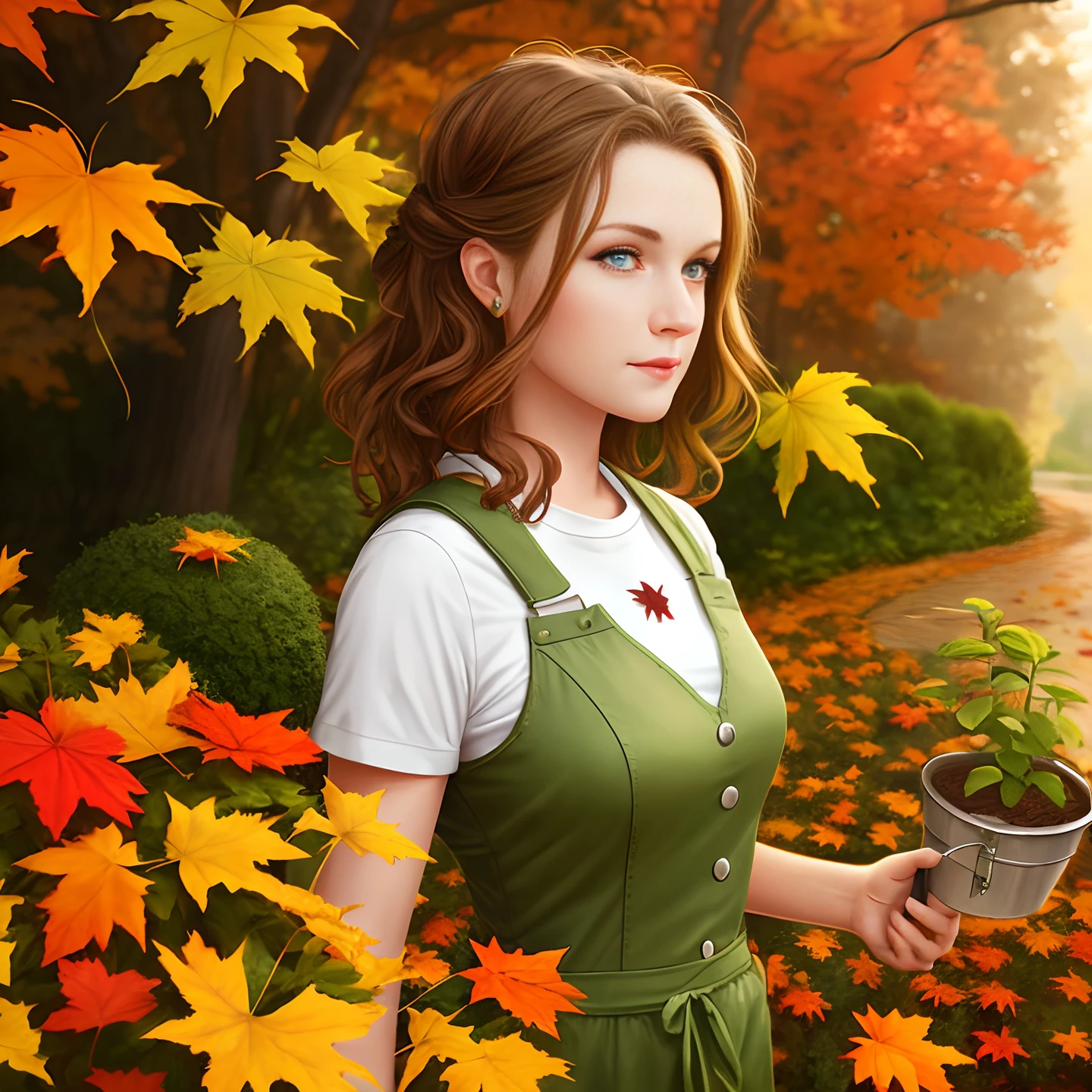 hyperrealistic concept artby erin hansen depicting a cute gardener demoness, nice fall colours.