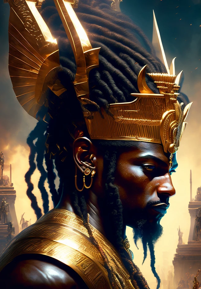 Highly (dynamic:1.2) scene art detailed (rutkowski:1.2), ((pharaoh crown of ramses II)), (fighting), handsome, (dark skin), ((long woven dreadlocks)) ((muscular)), (fantastic amazing decoration:1.2), explosive volumetric, Delightful anatomy, (fantastic god perfect art, 64k ultra hd:1.1), (art by apterus, art by dan mumford:1.2)