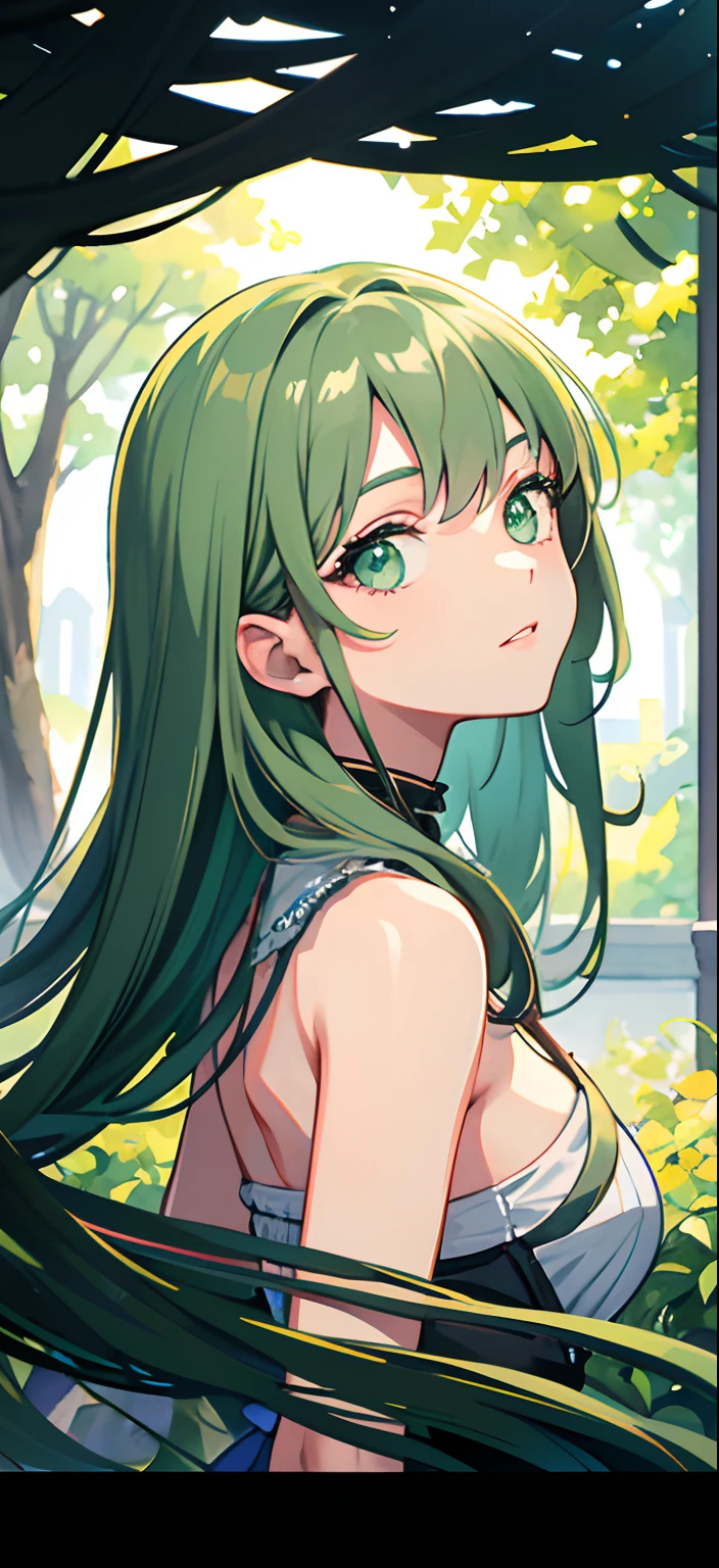 (masterpiece:1.2, best quality), (finely detailed beautiful eyes: 1.2), ((1girl)), ((solo)), (green eyes:1.4), (finely detailed eyes and detailed face:1.3), (beautiful and clear background:1.2), (extremely detailed CG, ultra-detailed, best shadow:1.1), ((depth of field)), ((watercolor)), large breasts, bare shoulders, beautiful concept illustration, (white background:0.5), (illustration:1.1), (extremely fine and beautiful:1.1), (perfect details:1.1), from side, cowboy shot,