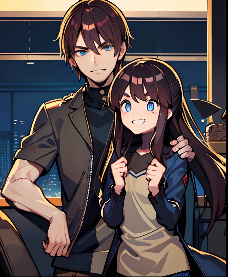 Man, (handsome), (clear eyes), (detailed pupils), (manly physic), (blue eyes), (brown hair), (casual outfit), (military jacket), (chiseled chin), (sly), (excited), (smirk). Tatsuya Endo, Greg Rutkowski, Pixiv, Artstation