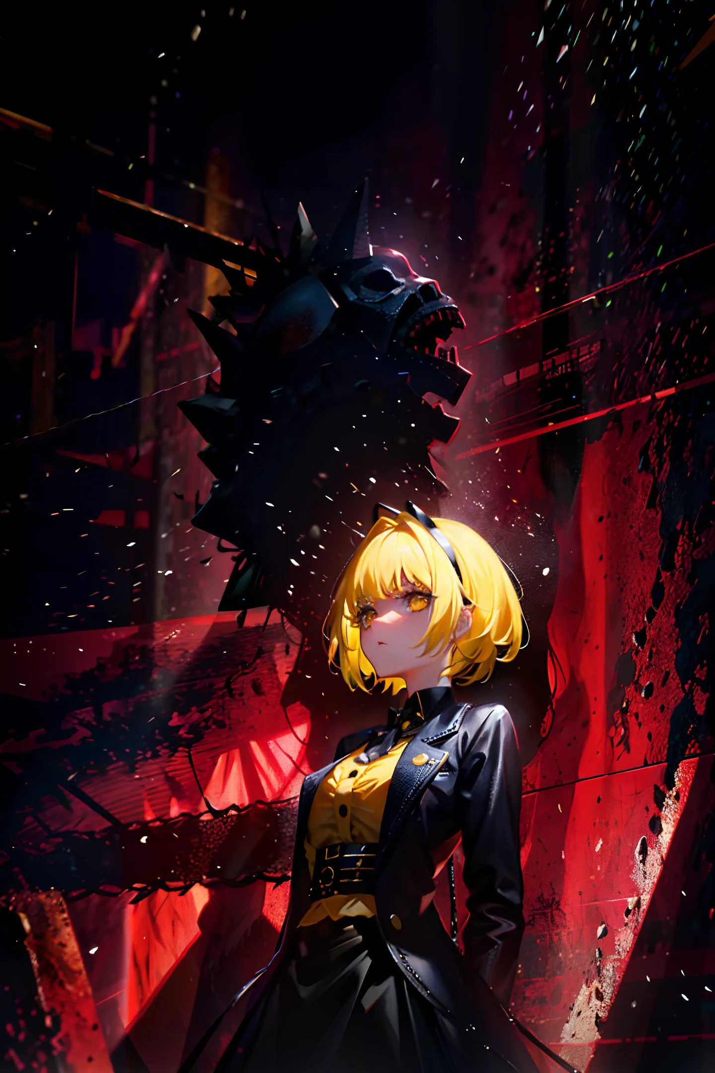 (((8k resolution))), an astonishingly great stage, (horror theme), (1girl), yellow outfit, yellow hair, holding a microphone, pointing towards the audience, (surrounded by corpses:0.8). The intense deep red lighting in the background enhances the dark and ominous atmosphere:0.6.