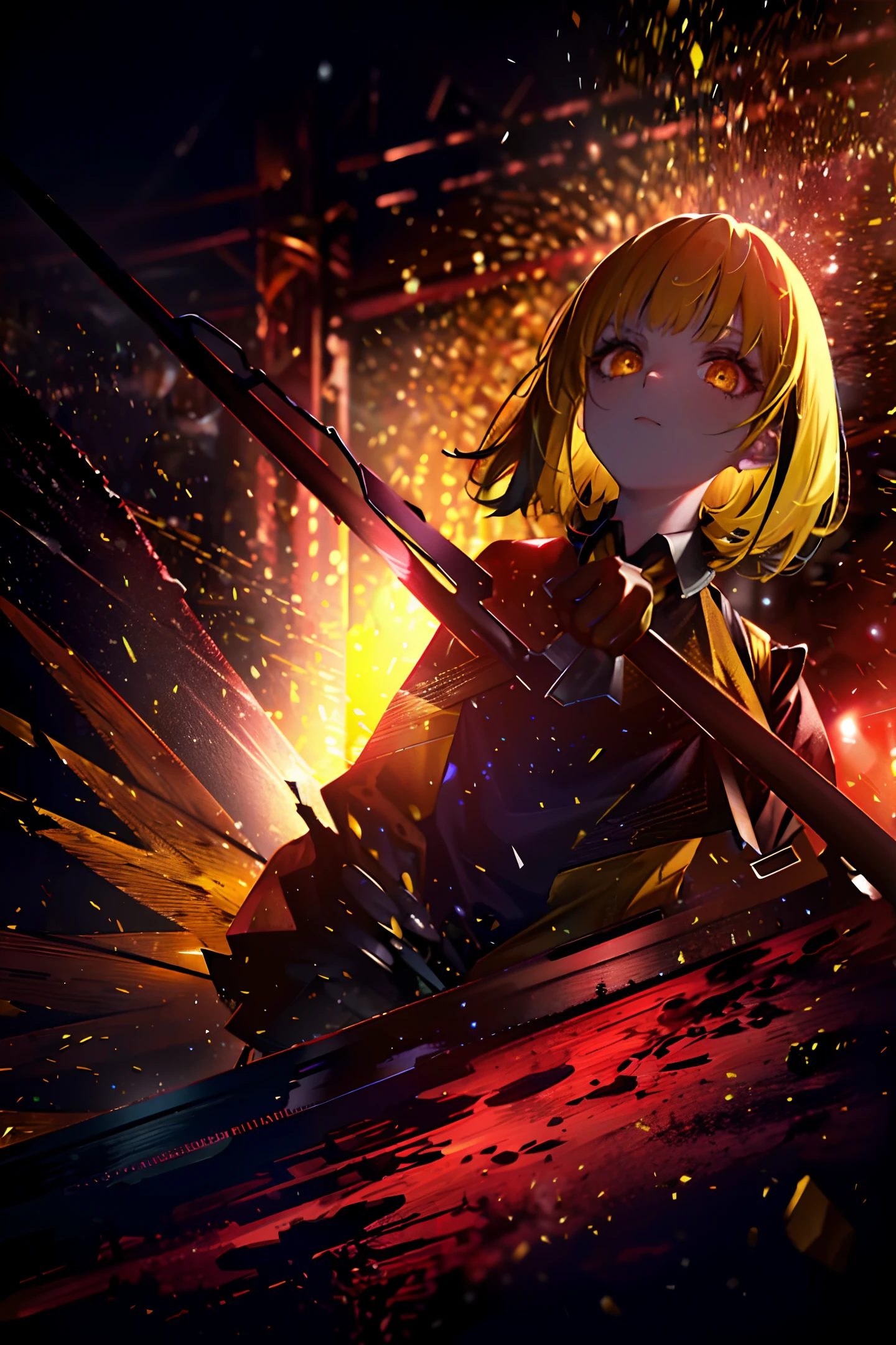 (8k resolution)), a great stage, (horror theme), (1girl), yellow clothes, yellow hair, holding a microphone, pointing at the audience, (surrounded by dead bodies: 0.8). The dark and ominous atmosphere is enhanced by the intense crimson lighting in the background: 0.6.