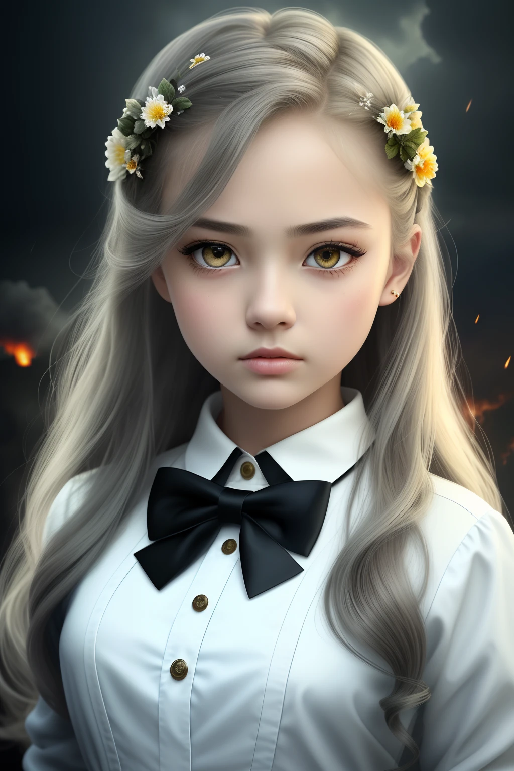 masterpiece,best quality, illustration,{beautiful detailed girl},beautiful detailed glow,(flames of war:1.2),(nuclear explosion behide:1.3),rain,detailed lighting,detailed water,(beautiful detailed eyes:1.1),expressionless,palace,azure hair,disheveled hair,long bangs,hairs between eyes,(whitegrey dress:1.1),black ribbon,white bowties,midriff,big forhead,blank stare,flower,long sleeves
