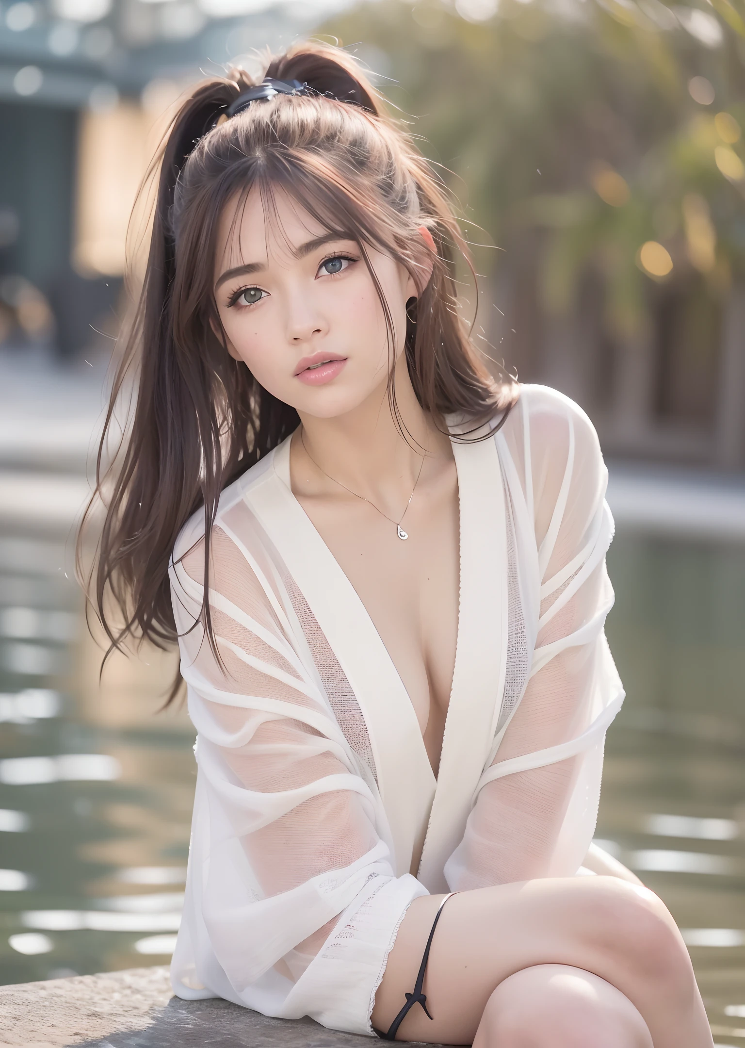 Random posture,
(raw photo, 8k, photorealistic: 1.3), (masterpiece, best quality), (bottom), 35mm shot, viewer, highres,
((girl, solo)), (detailed beautiful face, gorgeous detailed pink eyes, detailed perfect skin),
(flat chest)), high ponytail disfigured, eyes visible through the hair, (blush), wet hair,
seat, white|black kimono, topless, (crossed legs), behind arms, water, hair ornament, lace trim,