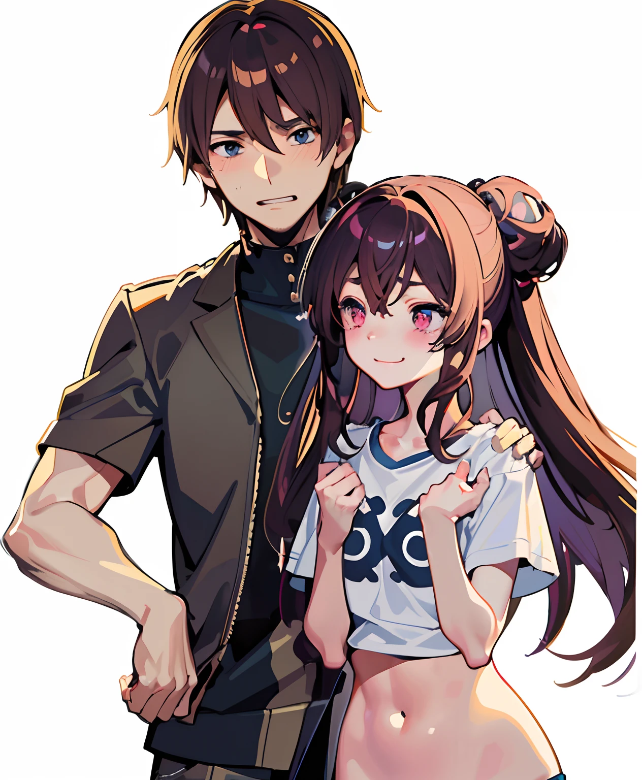 (masterpiece, best quality, ultra-detailed),(emotional moment,gentle touch,lovely atmosphere),(1man,1girl, man:1.3,blushing tsundere girl,white shirt, dynamic angle, smirk, excited, hand on shoulder). Tatsuya Endo, Greg Rutkowski, Pixiv, Artstation.