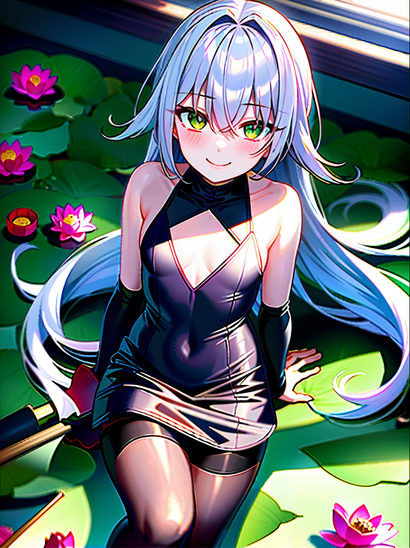 Wide pond, lush lotus flowers, green eyes, (open eyes, look down), small chest, dynamic angle, solo, 1girl, purple, hair between eyes, maid outfit, short tie, black tie, flower, bouquet, (best quality: 1.0), selfie, 1 girl, very slim, delicate and beautiful skin, (blush), young girl, silver ring, black bodysuit, black pantyhose, socks, cute face, sweet, smile