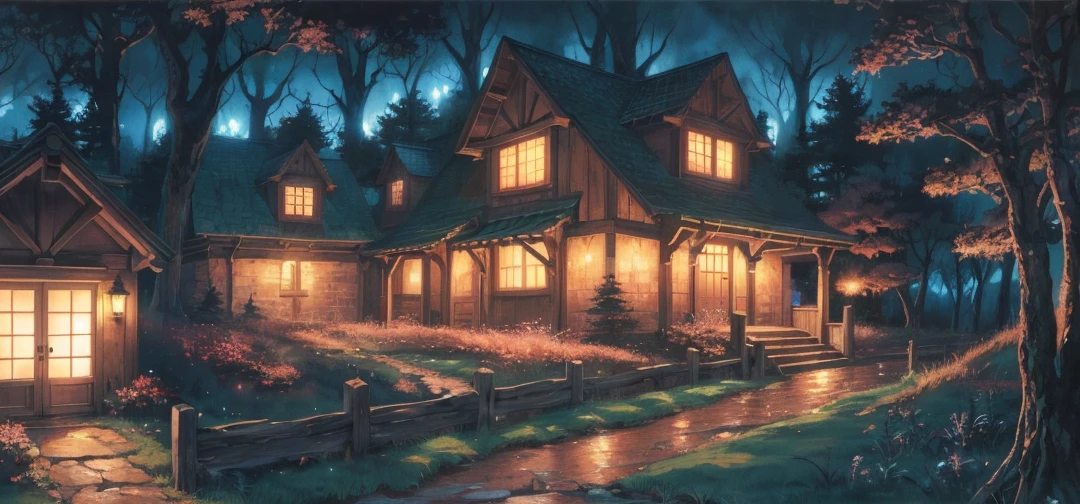 Anime landscape of a house in the forest at night, frosted paintings inspired by Andreas Rocha, pixiv, fantasy art, anime background art, anime country landscape, anime landscape, night village background, anime landscape wallpaper, anime nature wallpaper, beautiful anime scene, magical wallpaper.