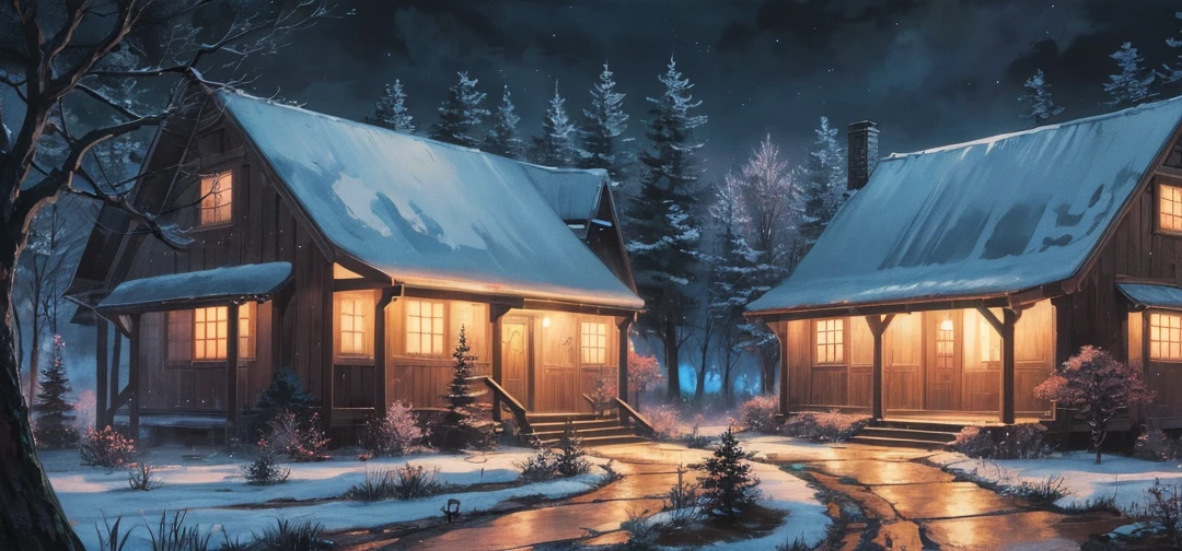 Anime landscape of a house in the forest at night, frosted paintings inspired by Andreas Rocha, pixiv, fantasy art, anime background art, anime country landscape, anime landscape, night village background, anime landscape wallpaper, anime nature wallpaper, beautiful anime scene, magical wallpaper.