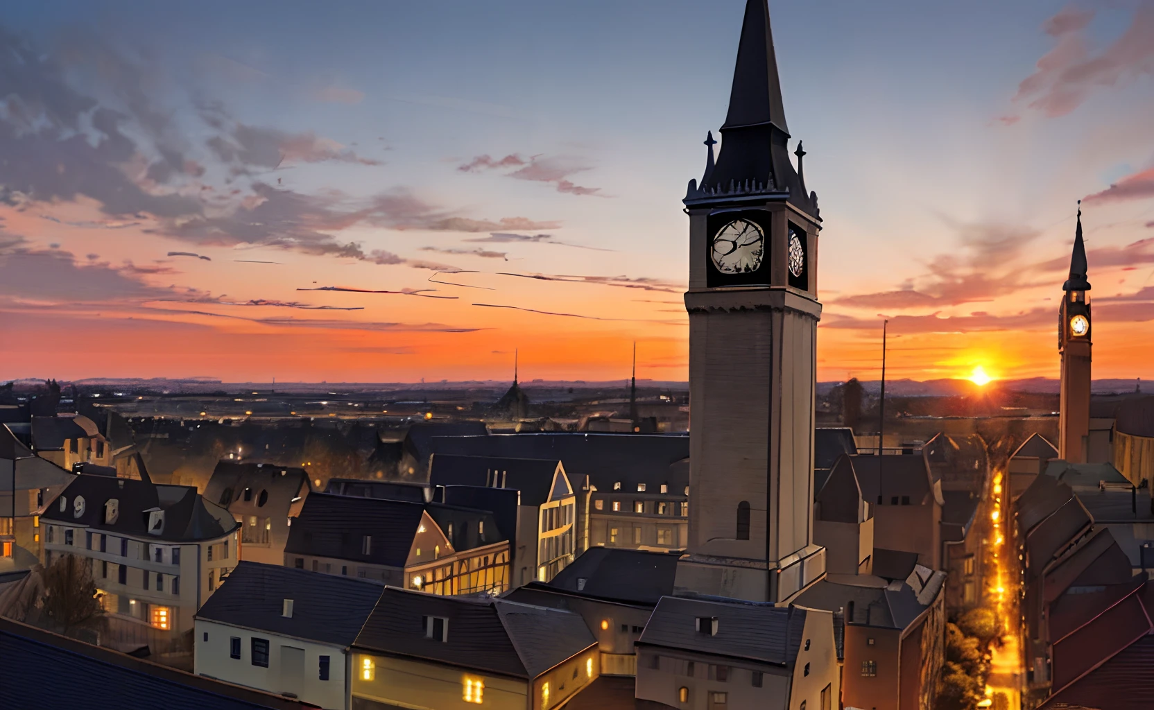  low angle view, sunset over a town with a clock tower and a clock tower, sunset glow, detmold, warm glow, sun set, warm sundown, sun setting, dawn setting, by giger,  . wide shot, dusk setting, sunset panorama, by giger, lit in a dawn light, by giger, warm glow from the lights. 