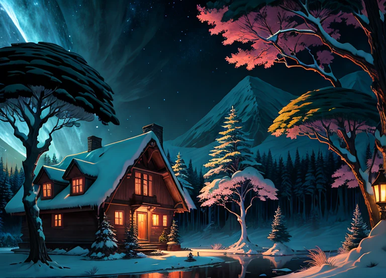 Anime scenery of a house in the forest at night, frosted paintings inspired by Andreas Rocha, pixiv, fantasy art, anime backgrounds, anime background art, anime country landscapes, spectacular night sky, night village backgrounds, anime landscape wallpapers, anime nature wallpapers, beautiful anime scenes, magical wallpapers.