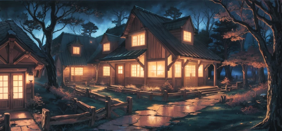 Anime landscape of a house in the forest at night, frosted paintings inspired by Andreas Rocha, pixiv, fantasy art, anime background art, anime country landscape, anime landscape, night village background, anime landscape wallpaper, anime nature wallpaper, beautiful anime scene, magical wallpaper.