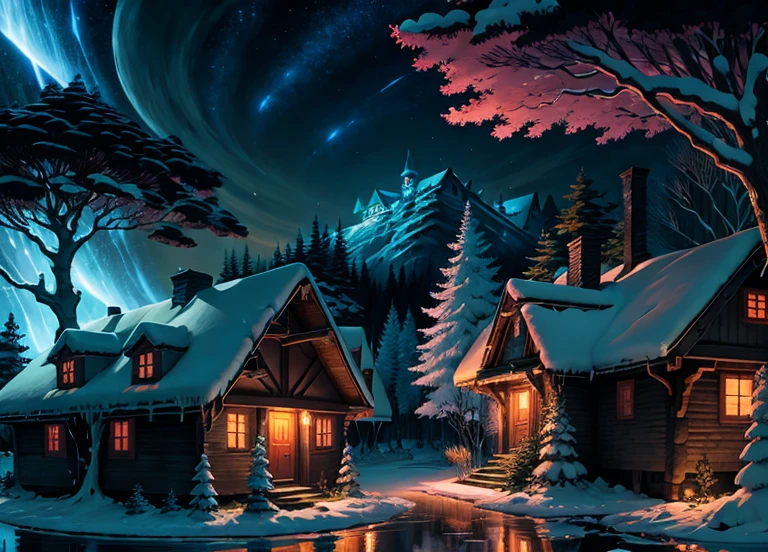 Anime scenery of forest houses at night, frosted paintings inspired by Andreas Rocha, pixiv, fantasy art, anime backgrounds, anime background art, anime country landscapes, spectacular night sky, night village backgrounds, spectacular night sky, stunning scenery, anime landscape wallpapers, anime nature wallpapers, beautiful anime scenes, magical wallpapers.