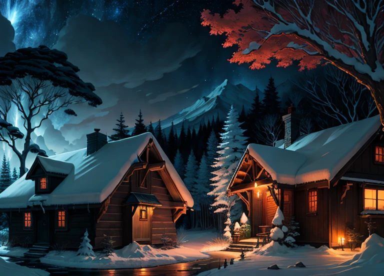 Anime scenery of a house in a forest at night, frosted painting inspired by Andreas Rocha, pixiv, masterpiece, best quality, fantasy art, anime background art, anime country landscape, spectacular night sky, night village background, spectacular night sky, spectacular night sky, amazing, anime landscape wallpaper, anime nature wallpaper, beautiful anime scene, amazing wallpaper.
