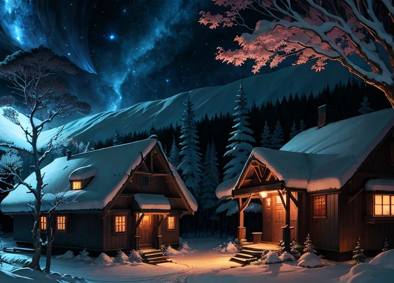Anime scenery of houses in the forest at night, frosted paintings inspired by Andreas Rocha, pixiv, masterpiece, best quality, fantasy art, anime background art, anime country landscape, spectacular night sky, night village background, spectacular night sky, spectacular night sky, amazing, anime landscape wallpaper, anime nature wallpaper, beautiful anime scene, amazing wallpaper of anime.