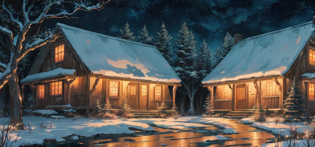 Anime landscape of a forest house at night, frosted painting inspired by Andreas Rocha, masterpiece, best quality, pixiv, fantasy art, extreme detail, anime background art, anime landscape, night village background, spectacular night sky, starry sky, anime landscape wallpaper, breakthrough fantasy night sky, anime nature wallpaper, beautiful anime scene, amazing wallpaper.
