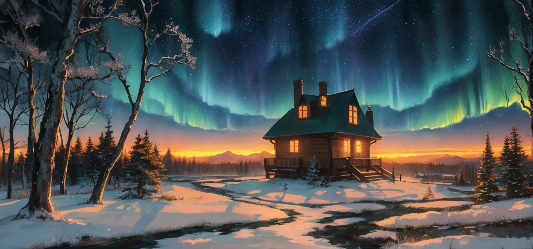 Anime landscape of a forest house at night, frosted painting inspired by Andreas Rocha, masterpiece, best quality, pixiv, fantasy art, extreme detail, anime background art, anime landscape, night village background, spectacular night sky, starry sky, anime landscape wallpaper, breakthrough fantasy night sky, aurora, polar day, anime nature wallpaper, beautiful anime scene, amazing wallpaper.