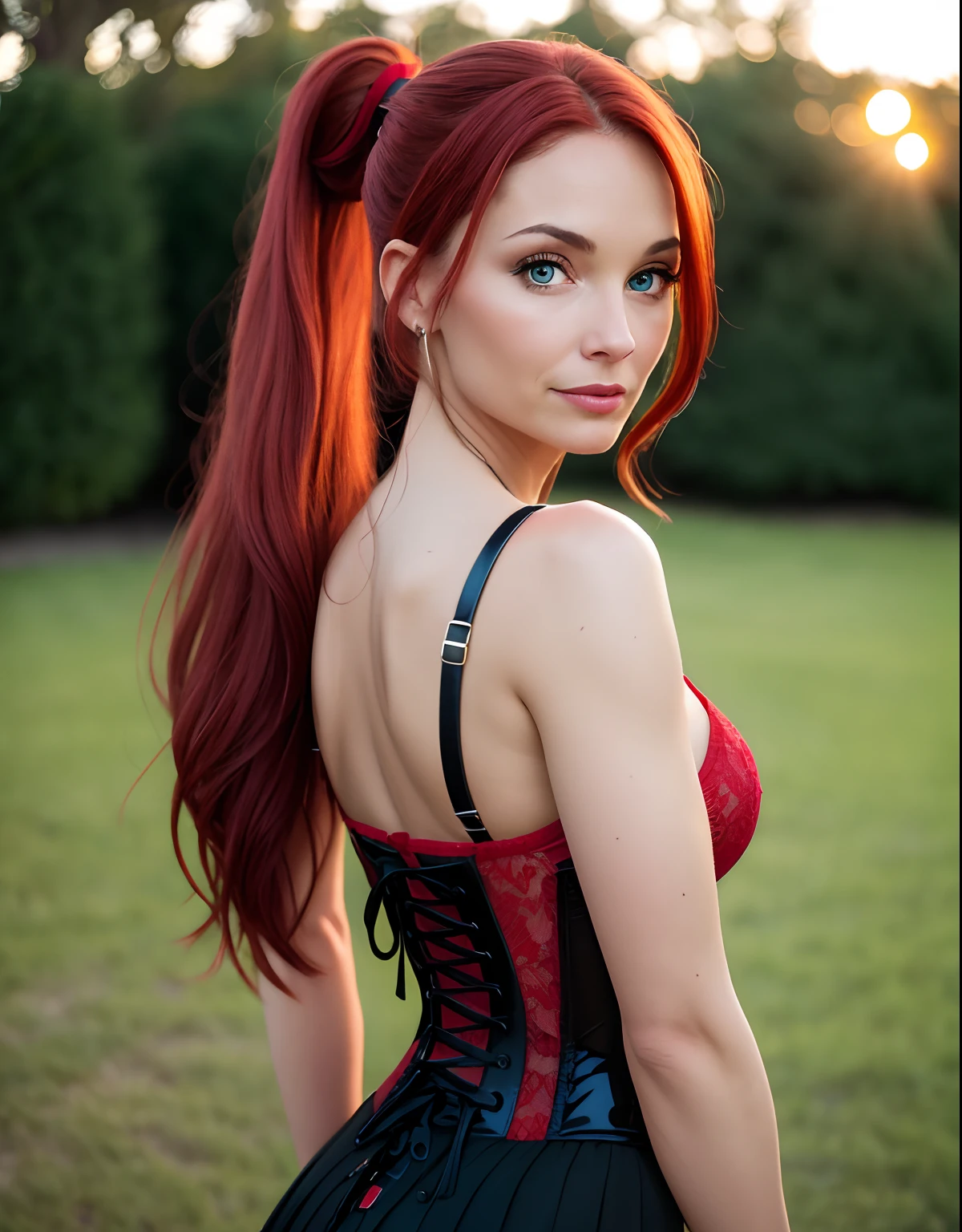 low angle photo of a gorgeous, 38 year old woman, blue eyes, milf, healthy skinny,short, clean skin texture, small, big lips, little noose, sexy, wearing, red lace dress and black corset, (red long hair in ponytail), redhead, red hair,
insanely detailed eyes, little boops, tiny boops, small tits, small perky breasts(perky breasts), perky, skinny,
2/3 body crop, 8 mm art lens, f 1. 1, sharp focus, 8 k high definition, insanely detailed, photorealistic,
big shoulder, little neck, long lash, full lips, big lower lip, pink lips, firm breast, firm pushup, push up, firm chest, posing outside in the sunset.