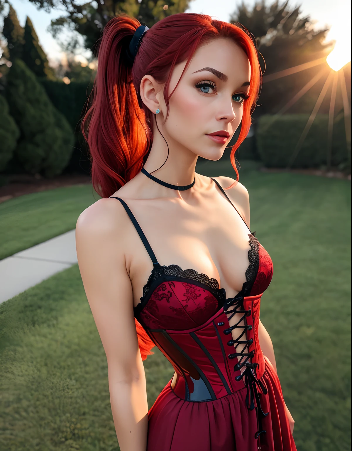 low angle photo of a gorgeous, 38 year old woman, blue eyes, milf, healthy skinny,short, clean skin texture, small, big lips, little noose, sexy, wearing, red lace dress and black corset, (red long hair in ponytail), redhead, red hair,

insanely detailed eyes, little boops, tiny boops, small tits, small perky breasts(perky breasts), perky, skinny, 
2/3 body crop, 8 mm art lens, f 1. 1, sharp focus, 8 k high definition, insanely detailed, photorealistic, 

big shoulder, little neck, long lash, full lips, big lower lip, pink lips, firm breast, firm pushup, push up, firm chest, posing outside in the sunset.