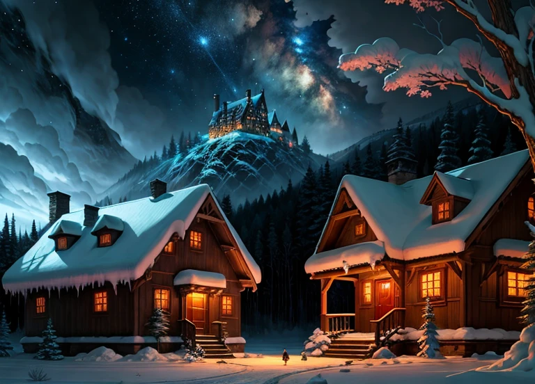 Animated landscape of a forest house at night, frosted paintings inspired by Andreas Rocha, ultra-realistic 8k natural earth location art with castles and magical effects, ultra-rich details, pixiv, masterpiece, best quality, fantasy art, anime background art, anime country landscape, spectacular night sky, night village background, spectacular night sky, amazing night sky, amazing, anime landscape wallpaper, anime nature wallpaper, beautiful anime scenes, amazing anime wallpaper.