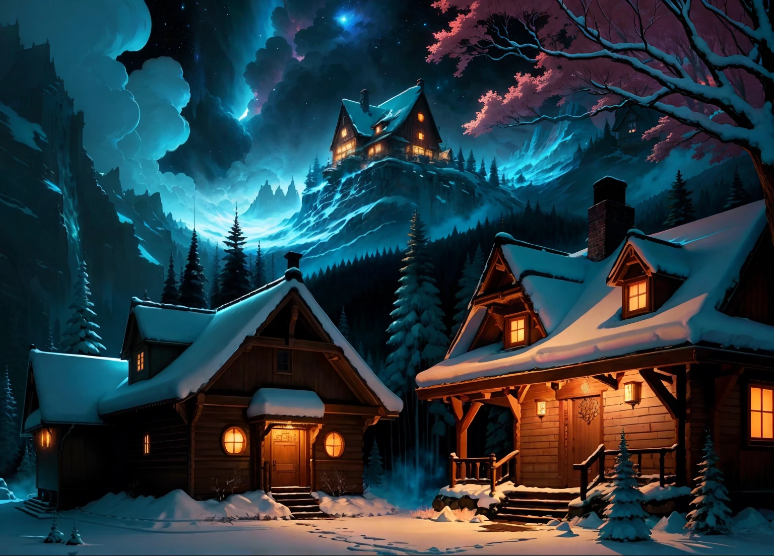 Anime landscape of forest houses at night, frosted paintings inspired by Andreas Rocha, ultra-realistic 8k natural earth location art with castles and magical effects, pixiv, masterpiece, best quality, fantasy art, super rich details, anime background art, anime country landscape, spectacular night sky, magic, anime landscape wallpaper, anime nature wallpaper, beautiful anime scene, amazing anime wallpaper.