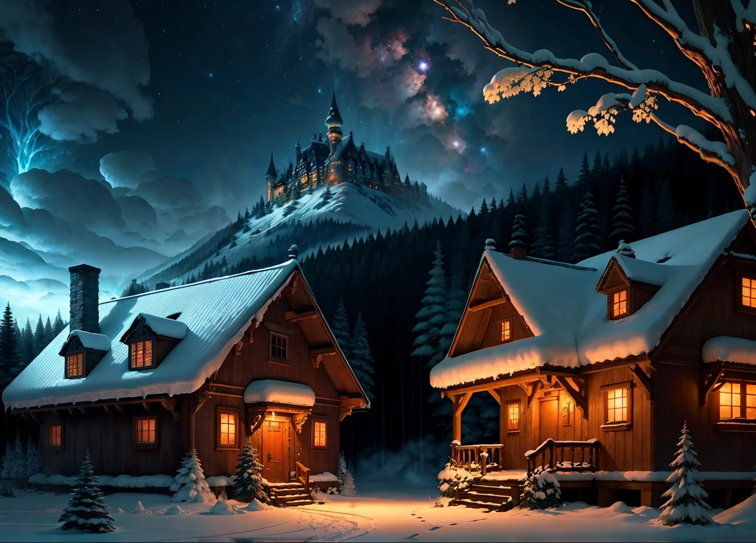 Animated landscape of a forest house at night, frosted paintings inspired by Andreas Rocha, ultra-realistic 8k natural earth location art with castles and magical effects, ultra-rich details, pixiv, masterpiece, best quality, fantasy art, anime background art, anime country landscape, spectacular night sky, night village background, spectacular night sky, amazing night sky, amazing, anime landscape wallpaper, anime nature wallpaper, beautiful anime scenes, amazing anime wallpaper.
