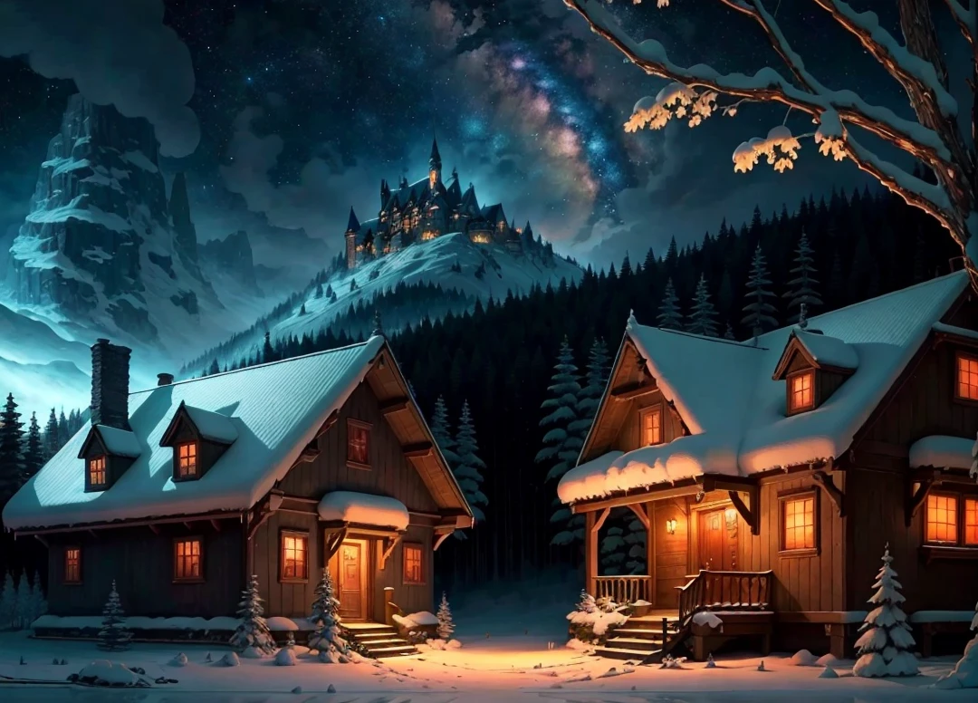 Animated landscape of a forest house at night, frosted painting inspired by Andreas Rocha, ultra-realistic 8k natural earth location art with castles and magical effects, ultra-rich details, pixiv, masterpiece, top quality, fantasy art, anime background art, anime country landscape, spectacular night sky, magical night sky, magical night sky, magical night sky, amazing anime landscape wallpaper, amazing anime landscape wallpaper, anime nature wallpaper, beautiful anime scenes, amazing anime wallpaper.