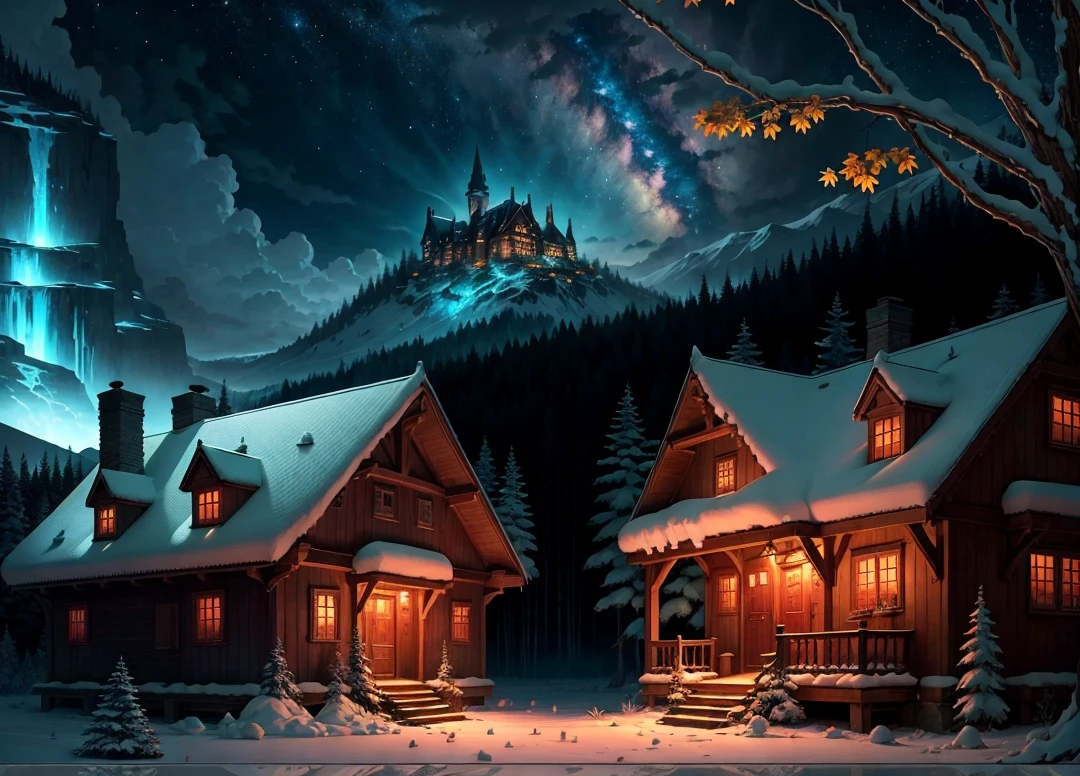 Animated landscape of a forest house at night, frosted paintings inspired by Andreas Rocha, ultra-realistic 8k natural earth location art with castles and magical effects, ultra-rich details, pixiv, masterpiece, high quality, fantasy art, anime background art, anime country landscape, spectacular night sky, magical anime landscape wallpaper, amazing anime landscape wallpaper, amazing anime landscape wallpaper, amazing anime landscape wallpaper, amazing anime landscape wallpaper, anime nature wallpaper, exquisite anime scenes, amazing anime wallpaper.