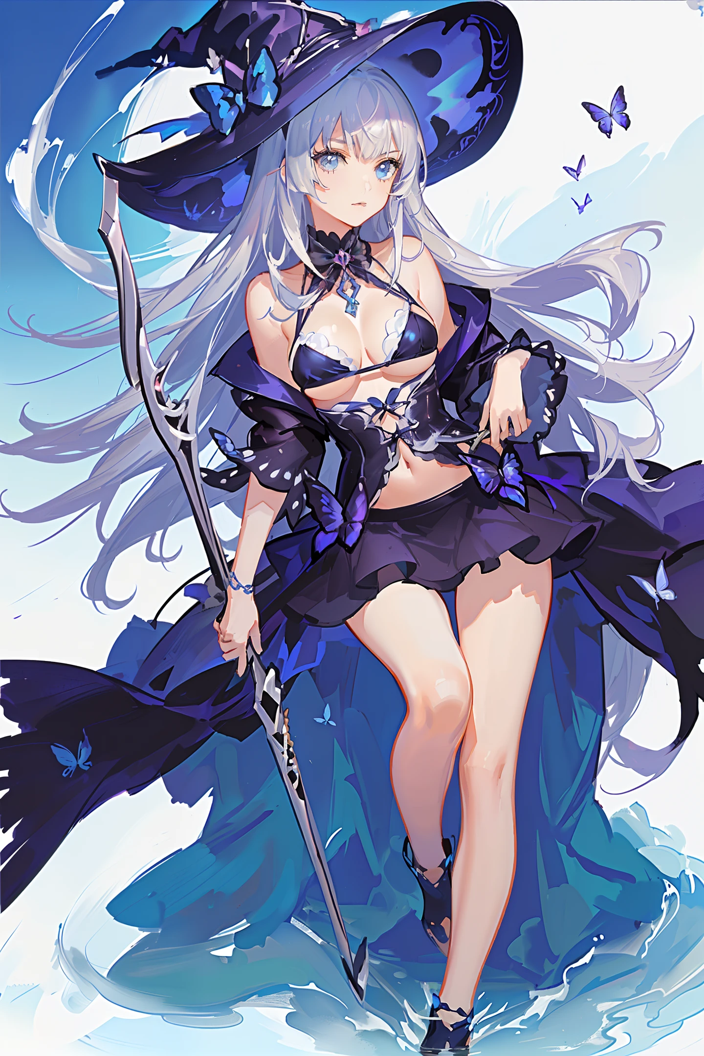 colorful butterfly,girl,bikini,upper body,witch hat,(detailed face:1.2), (medium breasts),(cleavage),(thigh bands),long hair,asymmetrical bangs,Tarot border,The portrait is centered,(no weapon),(bouncing breasts),
