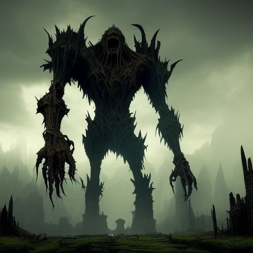 a demonic colossus towering over a castle, ((long bladed arms)) horror, rusted metal, scenery, (liminal:1.1), dark, masterpiece, best quality, intricate detail, absurdres, DREAD, chromatic aberration, depth of field, soft lighting, tone mapped, highly detailed, concept art, smooth, sharp focus, dramatic lighting, highly detailed artwork, cinematic, 8K, incredible shadows, (highly detailed background:1.0)