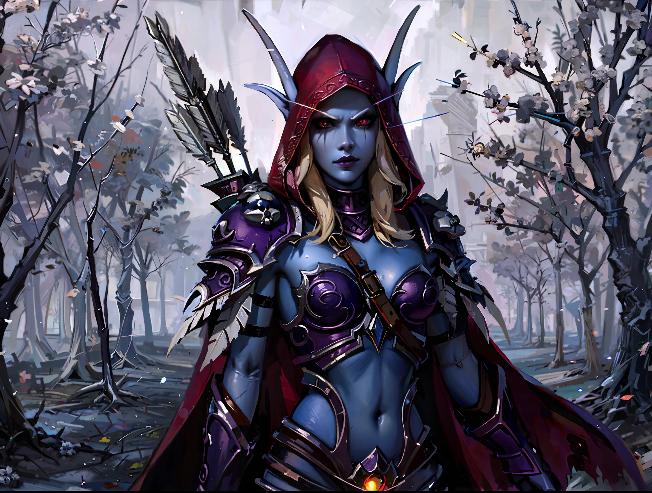 masterpiece, best quality, 8k, sharp focus, (casting spells with both hands)
sylvdark,( bow and arrows), perfect body, cleavage, hood on, purple armor, torn cape, casting dark magic, skull like spells, (holding an arrow  with skull on arrow head)
((her eyes glowing with an intense red light and has no eye ball)), cute elf face, tall body, colored skin
[[background]forest, undeads, skeletons, new moon]
