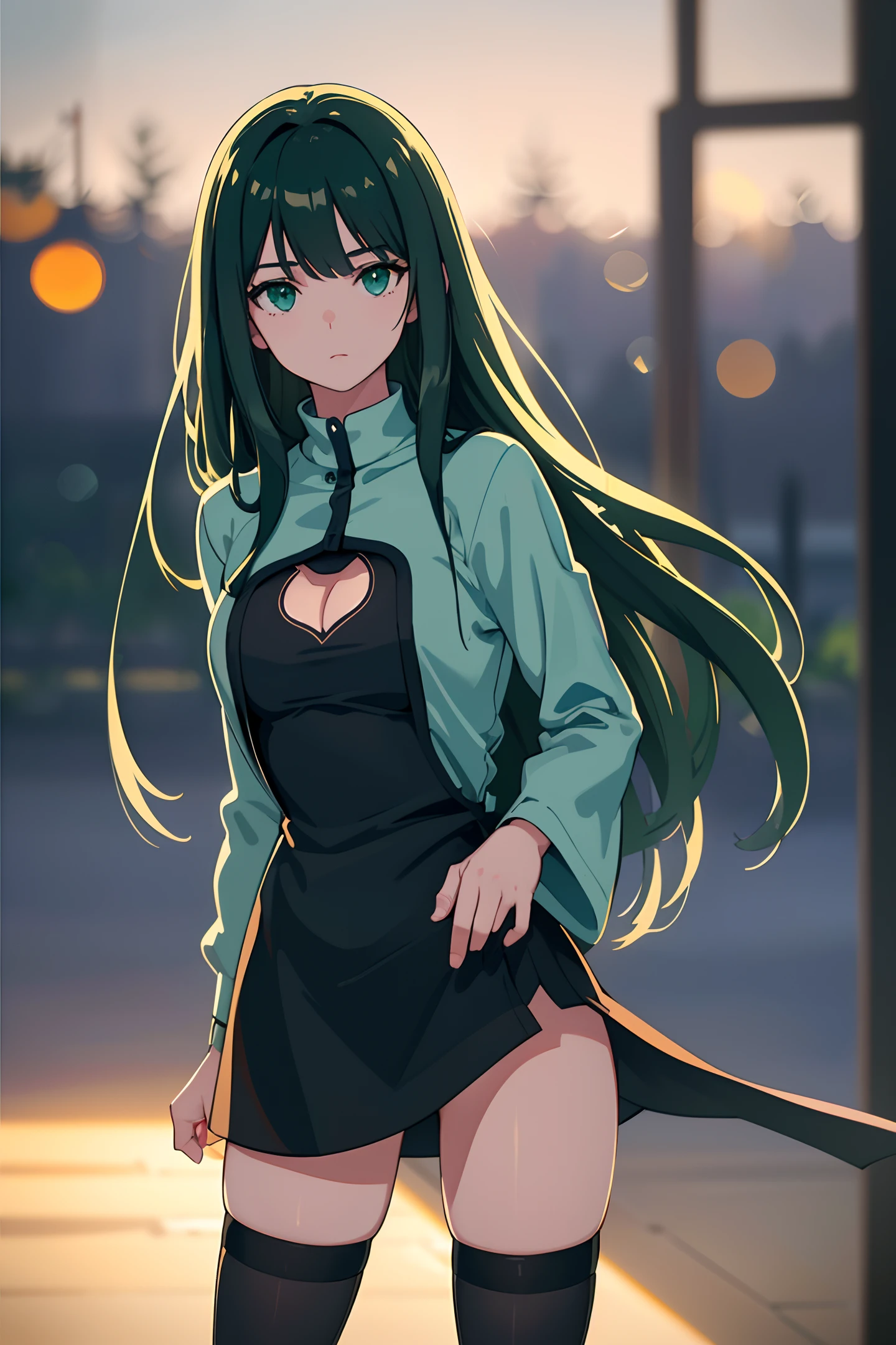 (((raw photo,8k))),(photorealistic:1.3),(masterpiece), (best quality), ultra high res, (best illustration), photon mapping,radiosity,best shadow,full-body shot,portrait,(((natural light))),backlighting,
(solo:1.5),1girl,(long black and green hair, bangs, double hair colour), (beautiful detailed green eyes, cat eyes), straight face,closed mouth,medium breasts,((cleaveage cutout)), casual dress, thighs,black thighhighs.
Looking at viewer,smooth,(bokeh:1.4), inside house, green light.