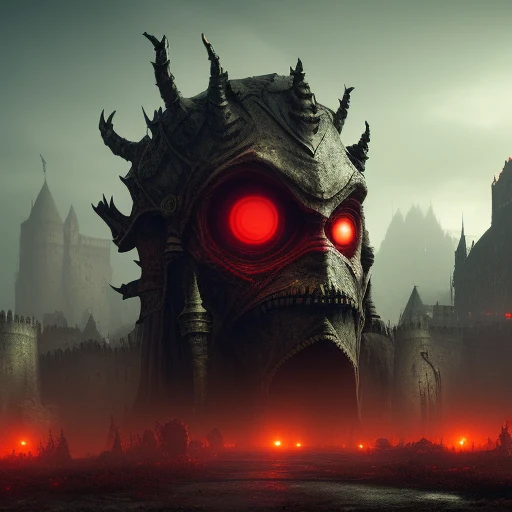 a demonic colossus towering over a castle((an armored head with a single glowing red eye)) , ((long bladed arms)) horror, dark crimson tattered rags, dark fantasy, rusted metal, scenery, (liminal:1.1), dark, masterpiece, best quality, intricate detail, absurdres, DREAD, chromatic aberration, dust storm, red sky, depth of field, soft lighting, tone mapped, highly detailed, concept art, smooth, sharp focus, dramatic lighting, highly detailed artwork, cinematic, 8K, incredible shadows, (highly detailed background:1.0)