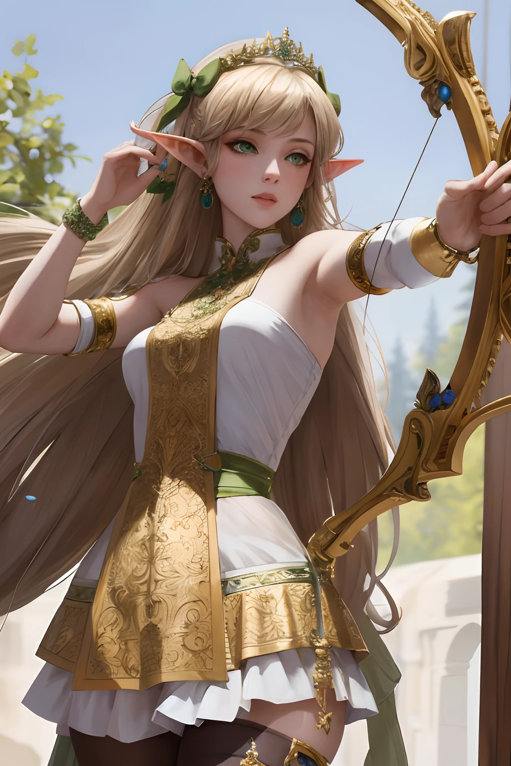 Exquisite, masterpiece, high detail, semi-realistic, nsfw, 1 girl, elf, jewel crown, green eyes, slim figure, forest, archery with a bow