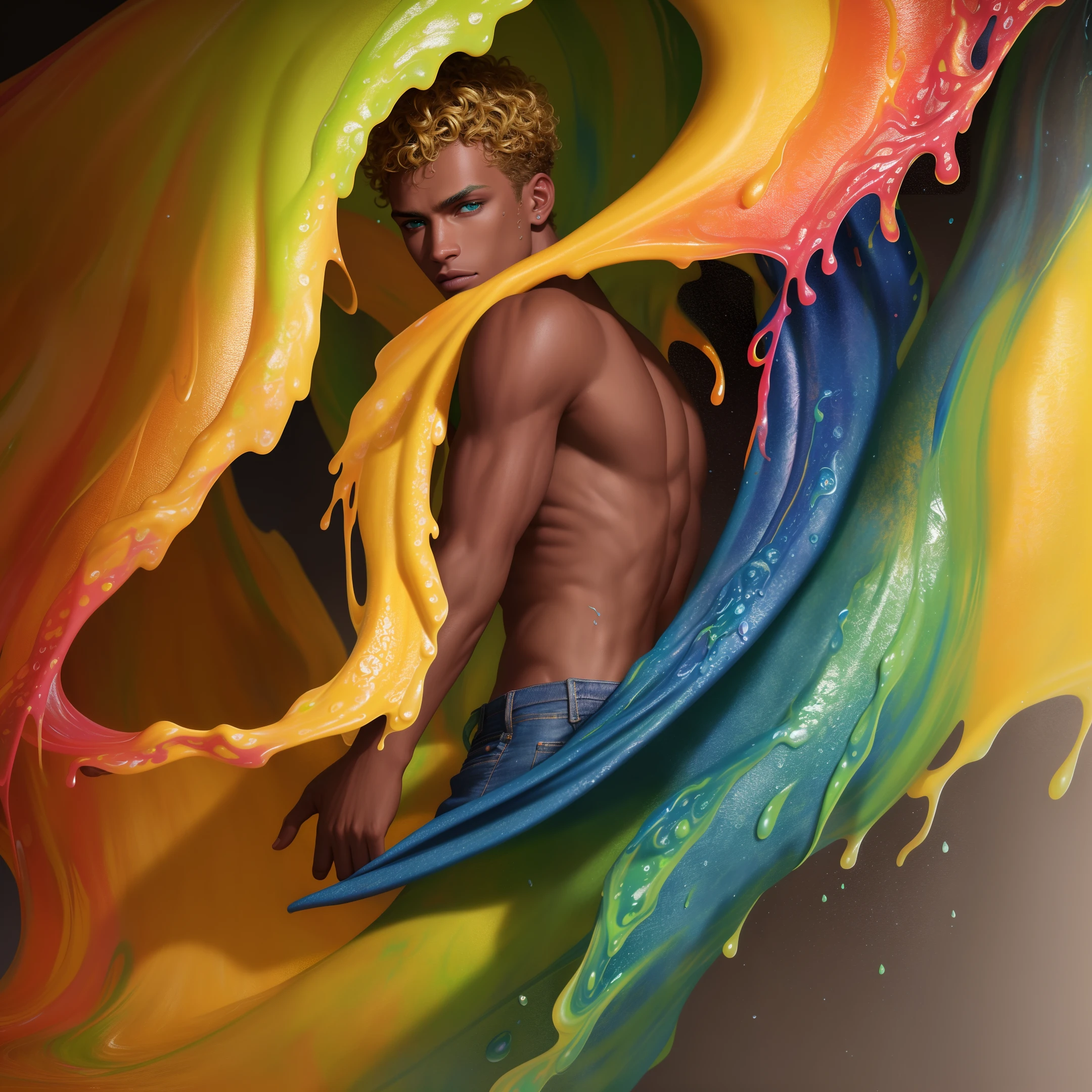 (intense color contrast, dramatic illumination, dynamic angle), [(blonde hair:1.2), ( with dark skin short curly blonde hair and green eyes:1.2), (shirtless, wearing jeans:1.2), (surrounded by swirls of liquid paint:1.2), (covered in paint droplets:1.2)].